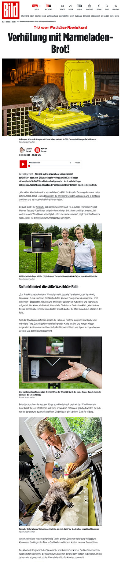 „Trick gegen Waschbären-Plage in Kassel: Verhütung mit Marmeladen-Brot!”; BILD.de; 05. August 2025; Fotos und Recherche