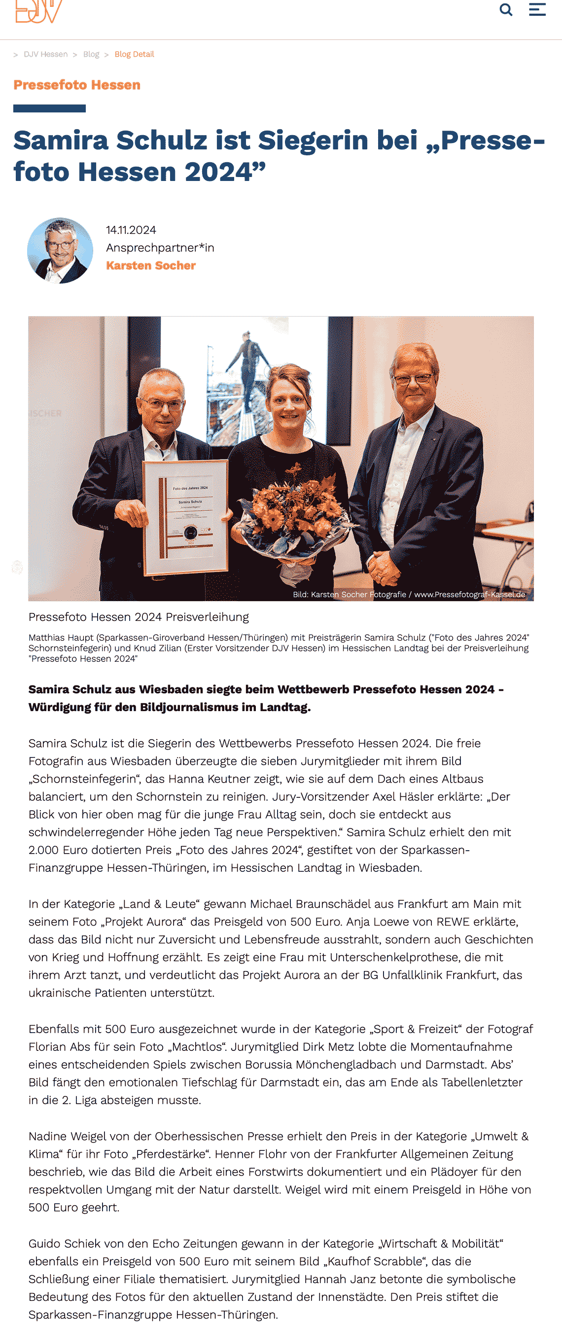 „Samira Schulz ist Siegerin bei „Pressefoto Hessen 2024””; djv-hessen.de; 14. November 2024; Text und Fotos