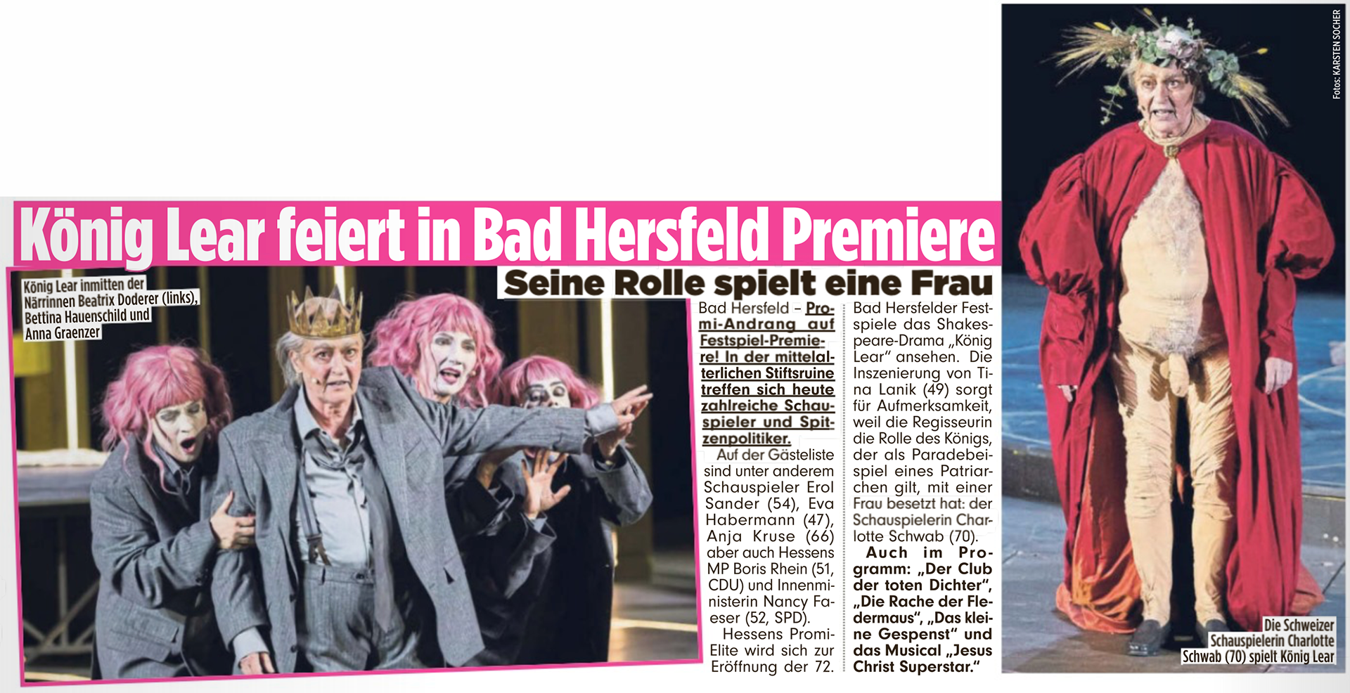 „König Lear feiert in Bad Hersfeld Premiere”; BILD Regionalausgabe Frankfurt Rhein-Main; 30. Juni 2023; Foto