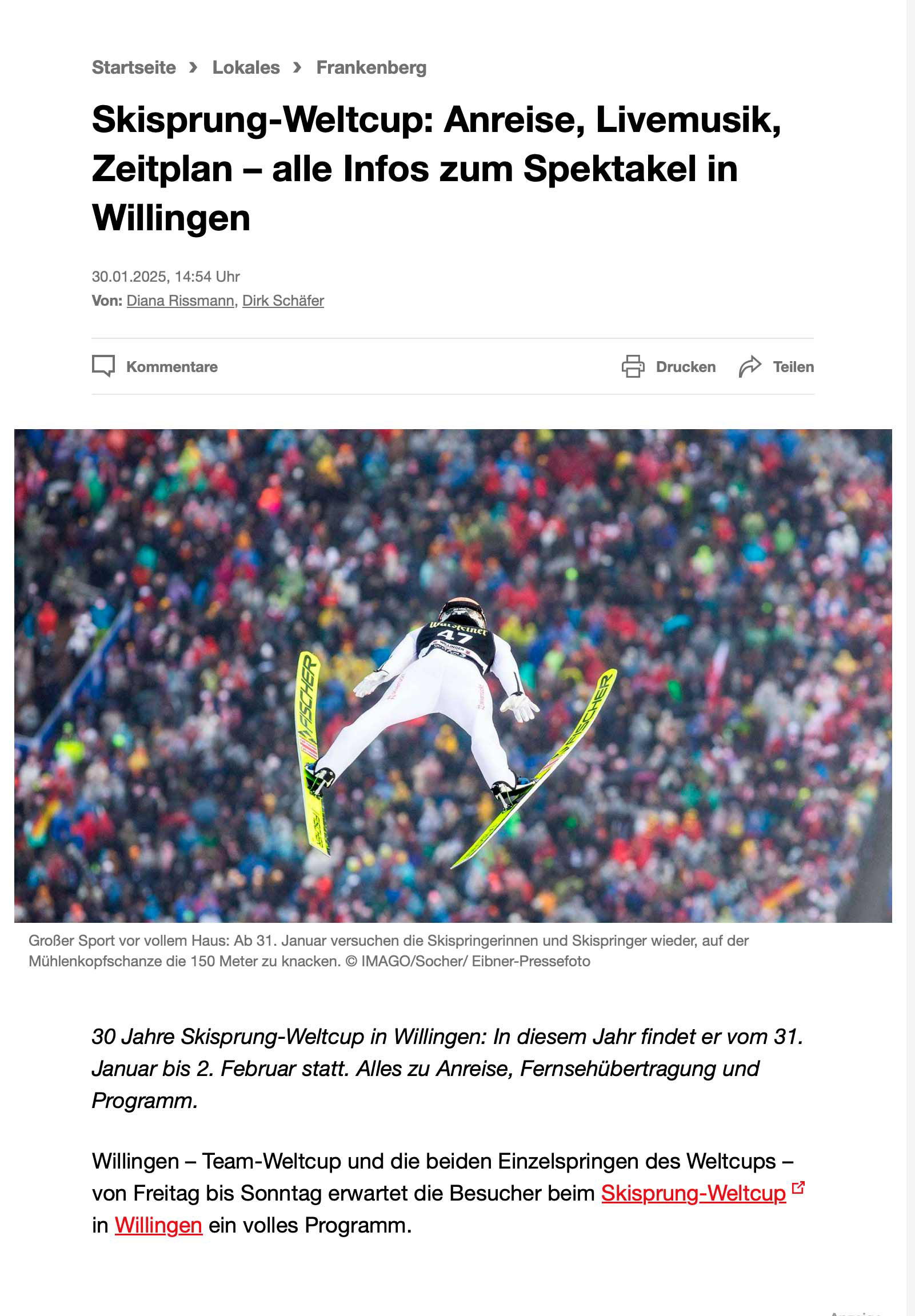„Skisprung-Weltcup: Anreise, Livemusik, Zeitplan – alle Infos zum Spektakel in Willingen”; hna.de; 30. Januar 2025; Foto