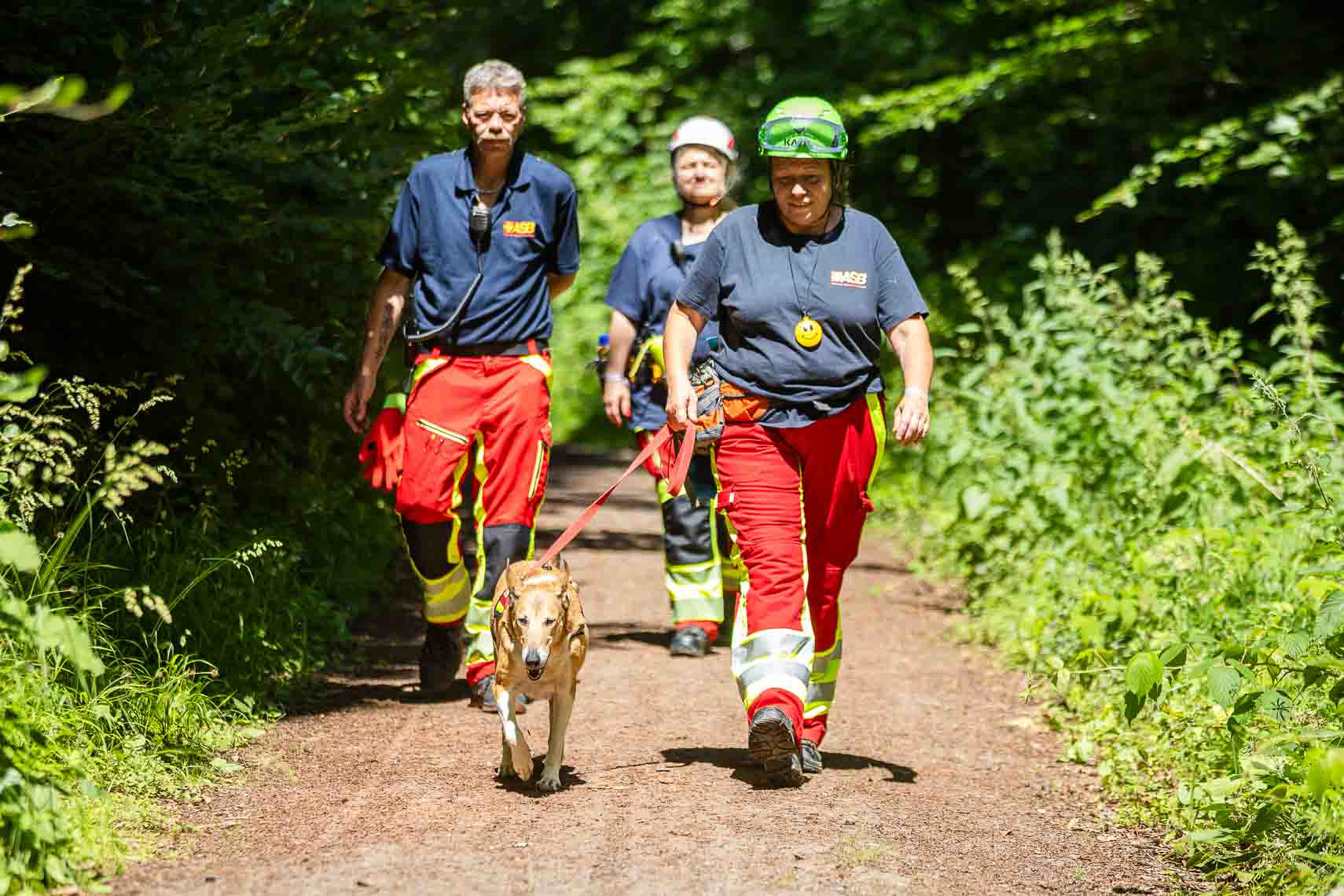 Im Rahmen der dritten ASB-Bundesgroßübung mit rund 900 Beteiligten trainieren Rettungskräfte, Sanitätseinheiten, Rettungshundestaffeln und Quads unter realistischen Bedingungen die Versorgung und Evakuierung von Verletzten sowie die koordinierte Suche nach vermissten Personen im schwierigen Gelände. Grundlage der Übung ist das angenommene Szenario eines Heißluftballonabsturzes während eines illegalen Festivals an der Hessenschanze. Ziel ist die Optimierung der Zusammenarbeit aller Einsatzkräfte bei Großschadenslagen. 27. Juni 2025, Kassel / Hessen / Deutschland