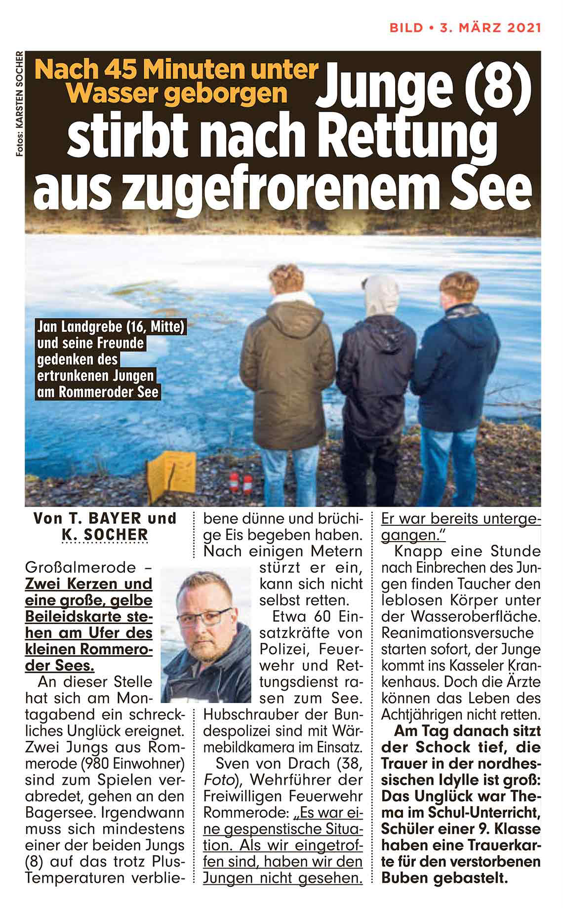 „Nach 45 Minuten unter Wasser geborgen: Junge (8) stirbt nach Rettung aus zugefrorenem See”; BILD Regionalausgabe Frankfurt Rhein-Main; 03. März 2021; Fotos, Recherche, Video
