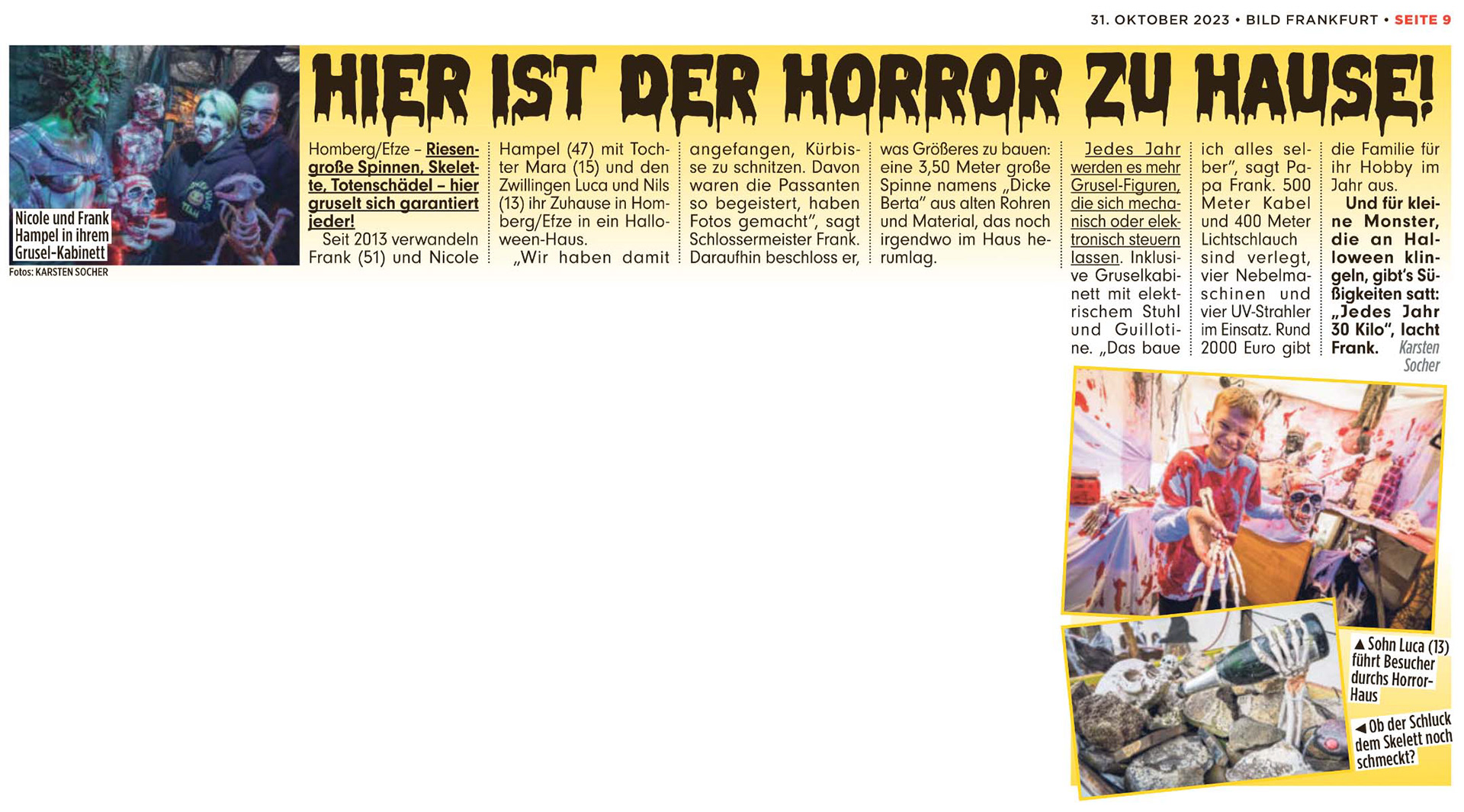 „Hier ist der Horror zu Hause!”; BILD Regionalausgabe Frankfurt Rhein-Main; 31. Oktober 2023; Fotos, Recherche, Text