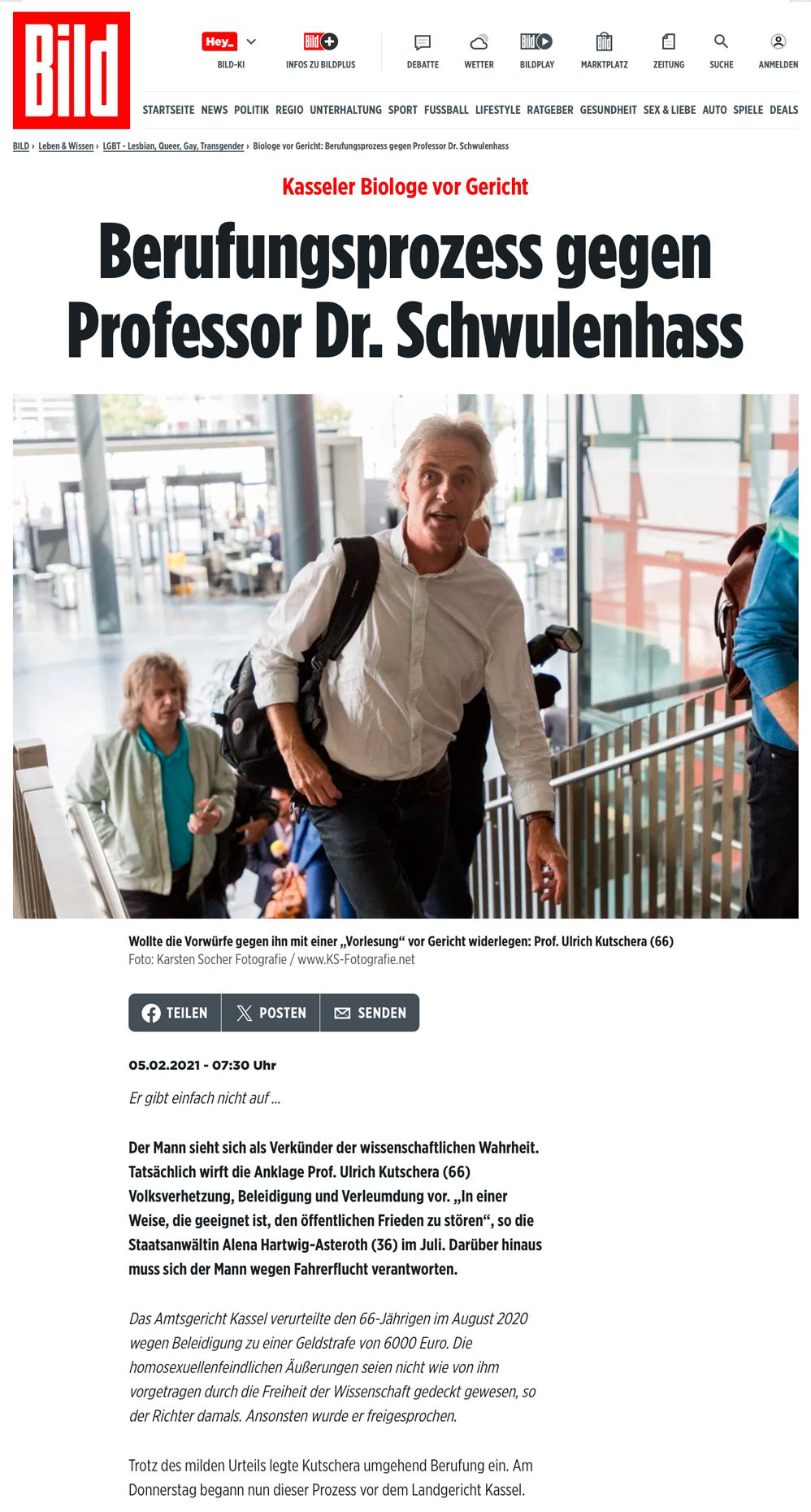 „Kasseler Biologe vor Gericht: Berufungsprozess gegen Professor Dr. Schwulenhass”; BILD.de; 05. Februar 2021; Foto
