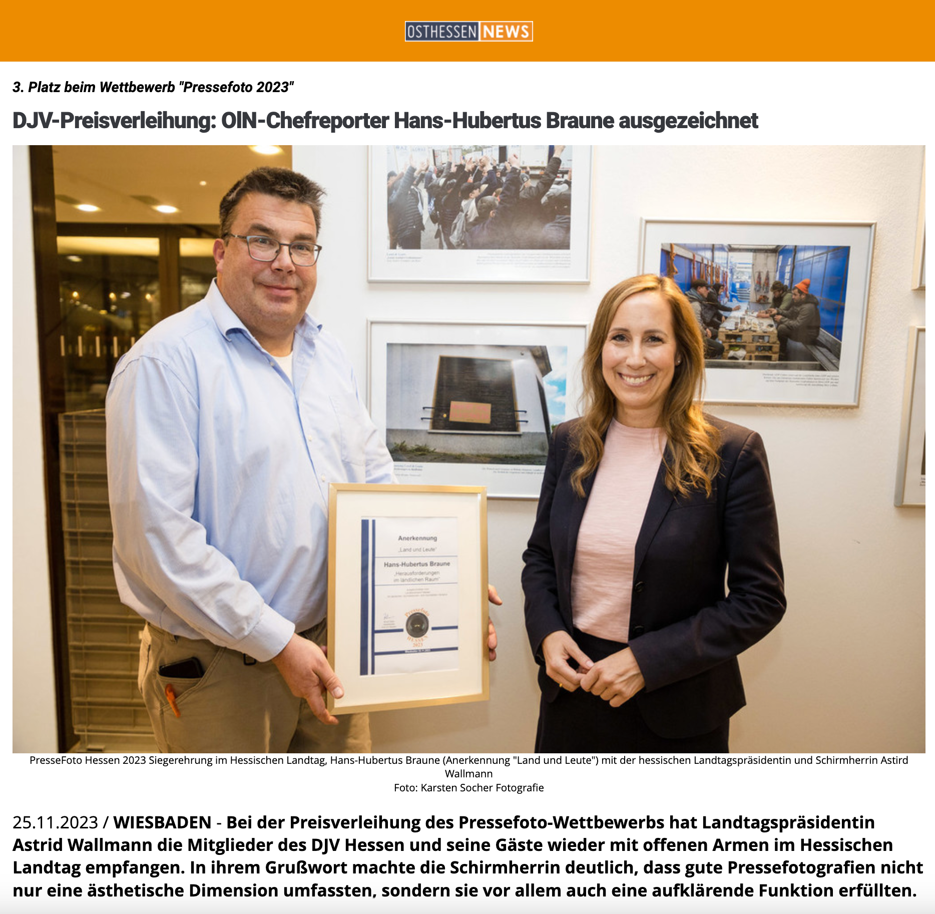 „3. Platz beim Wettbewerb "Pressefoto 2023": DJV-Preisverleihung: OlN-Chefreporter Hans-Hubertus Braune ausgezeichnet”; OstHessenNews; 25. November 2023; Foto