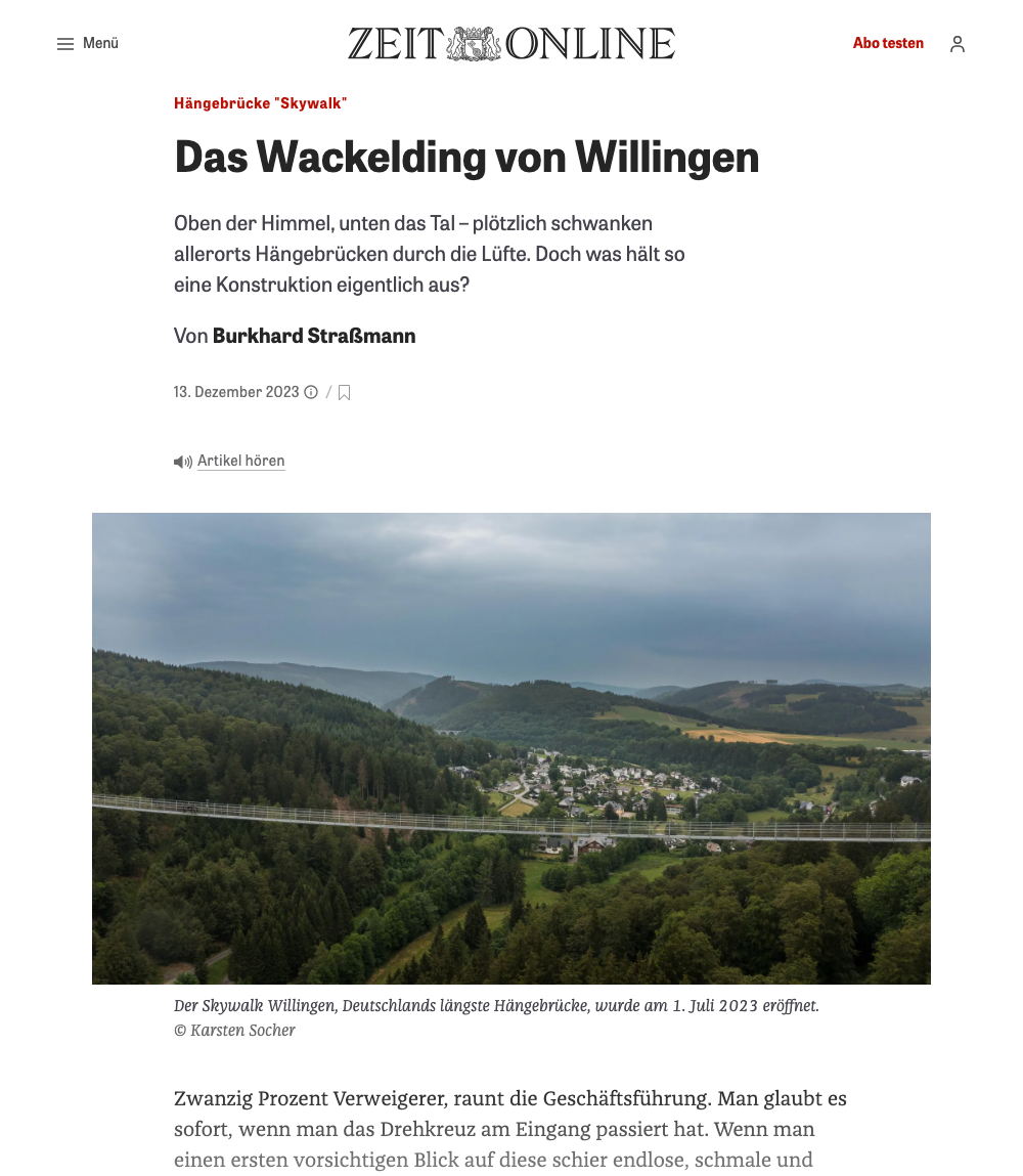 „Hängebrücke "Skywalk" : Das Wackelding von Willingen”; ZEIT ONLINE; 13. Dezember 2023; Foto