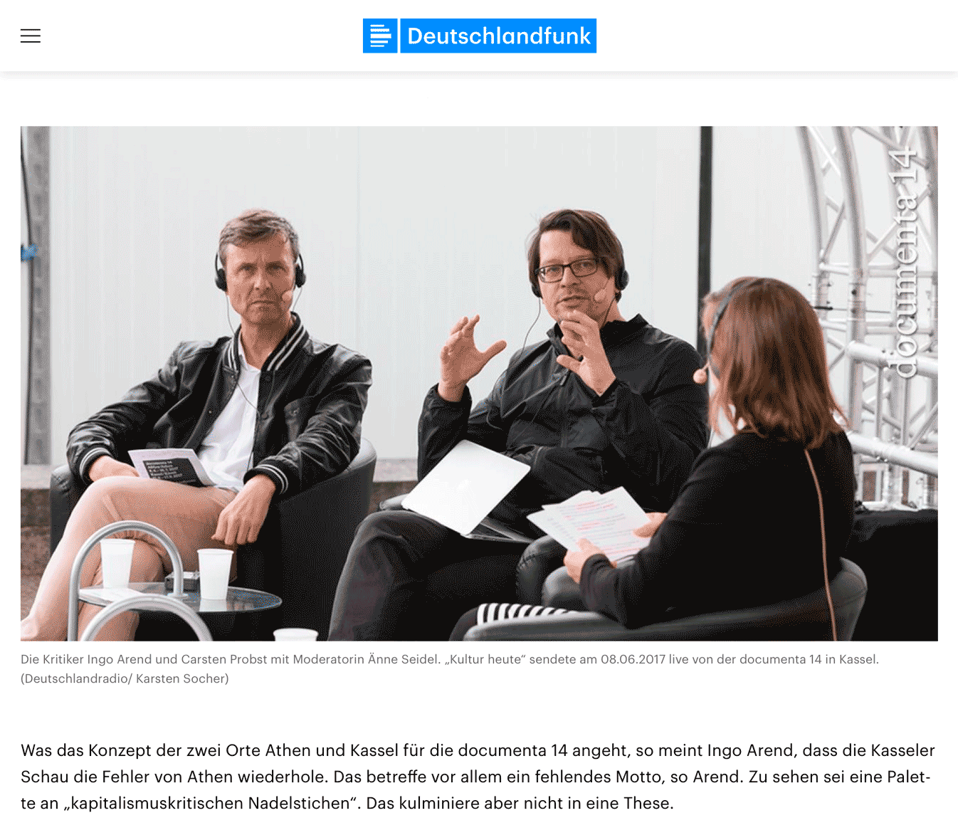 „documenta 14-Kritikergespräch: So funktioniert die Zwillings-documenta”; Deutschlandfunk; 08. Juni 2017; Foto