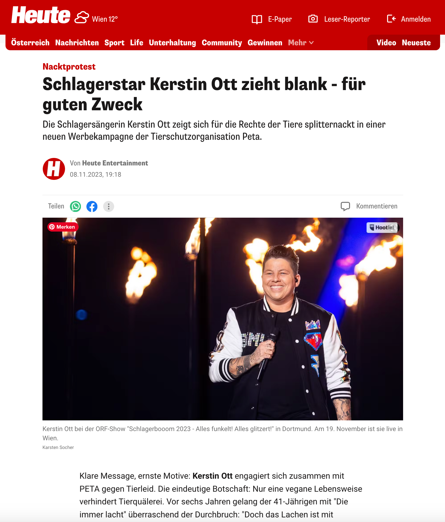 „Nacktprotest: Schlagerstar Kerstin Ott zieht blank - für guten Zweck”; Heute.at; 08. November 2023; Fotos
