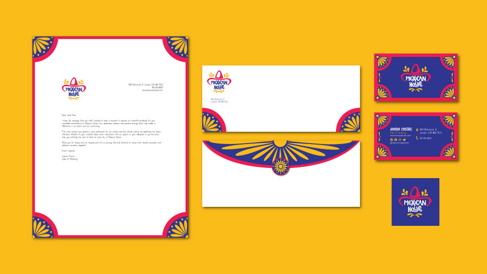 Stationary mockup; showcases a letterhead, an envelope and a business card (back and front) with the logo in the lower right corner