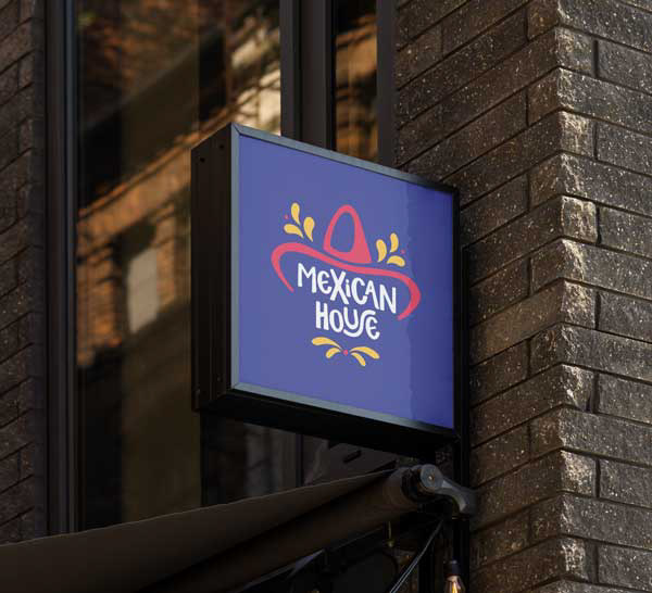 Blue sign with Mexican House's logo hanging from a brick wall