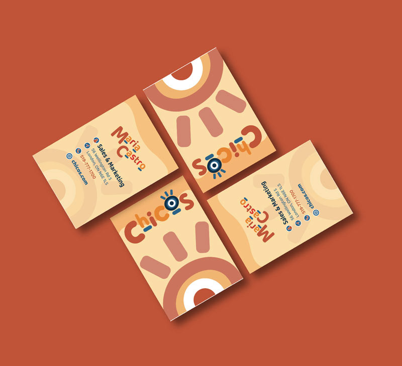 Four business cards with Chicos branding