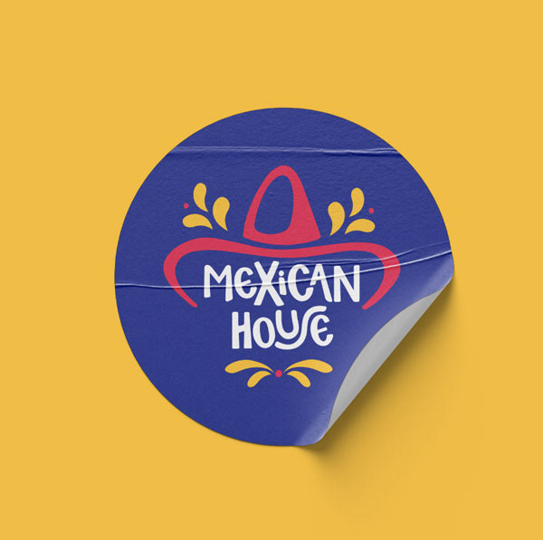 Yellow background with blue sticker and redesigned Mexican House Logo.