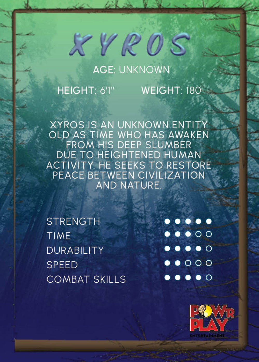 Xyros trading card back flat