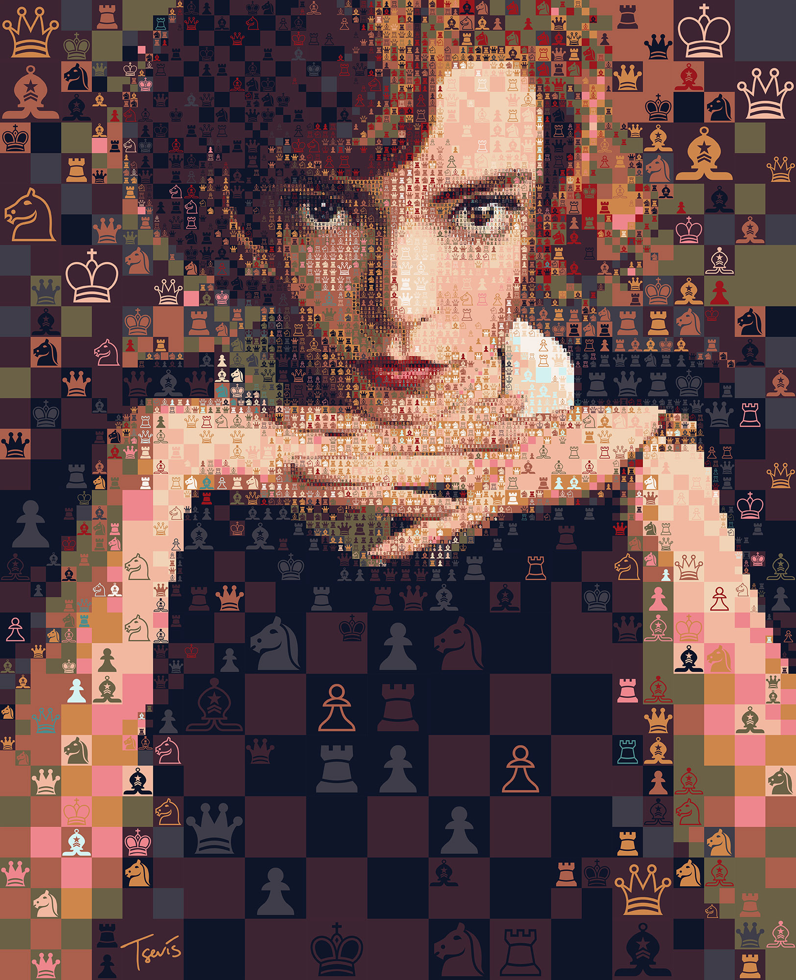 Anya Taylor-Joy as Beth Harmon in a chess movie, digital mosaic art