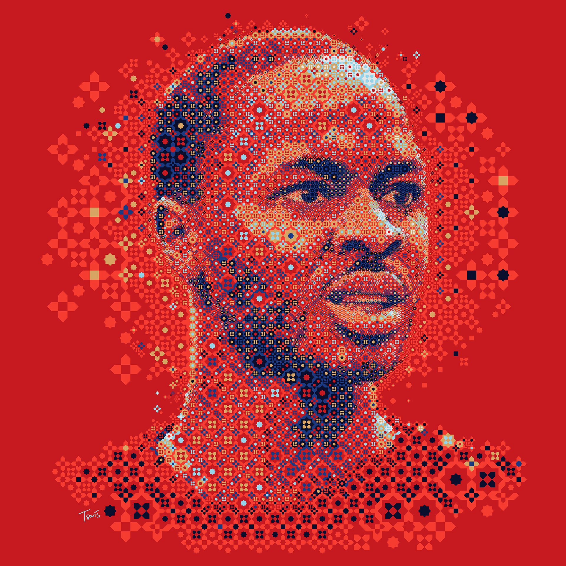 English soccer player mosaic portrait from geometric patterns. Raheem Sterling's digital art for FIFA 2022