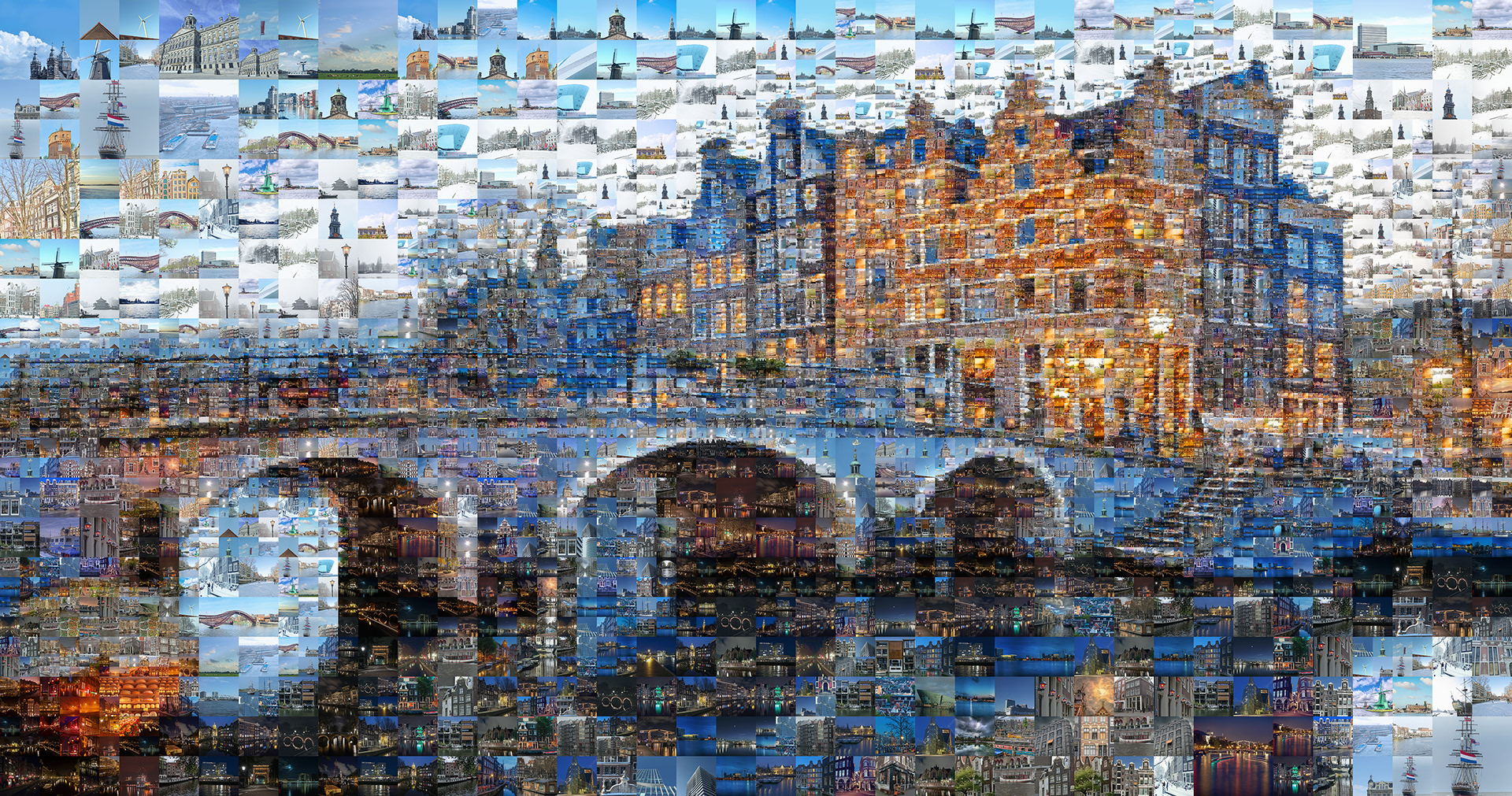 Intricate art mosaic portrait of Amsterdam City, made of urban landscape photos