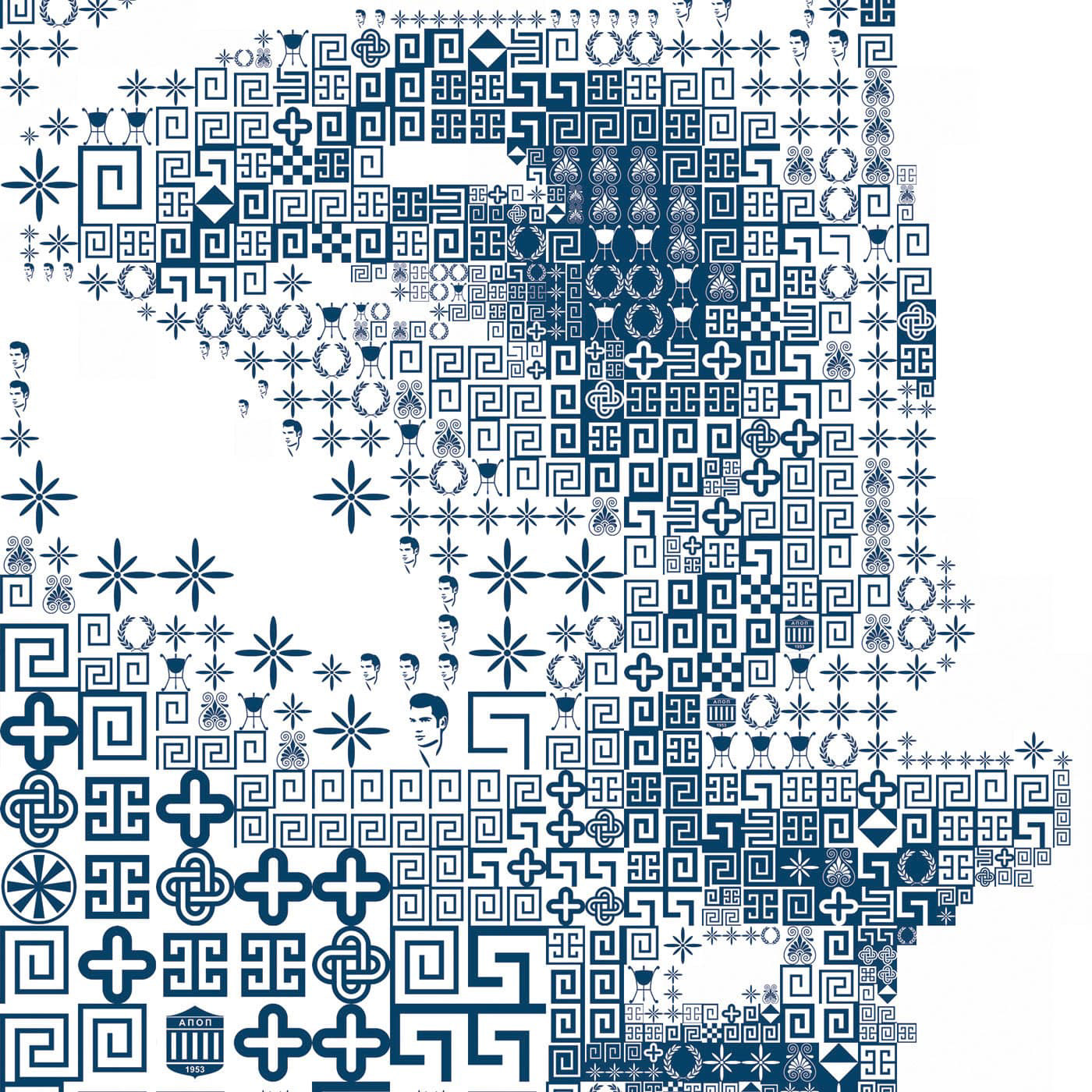 Digital mosaic of Venus with Greek-Cypriot cultural symbols, crosses in blue and white patterns.