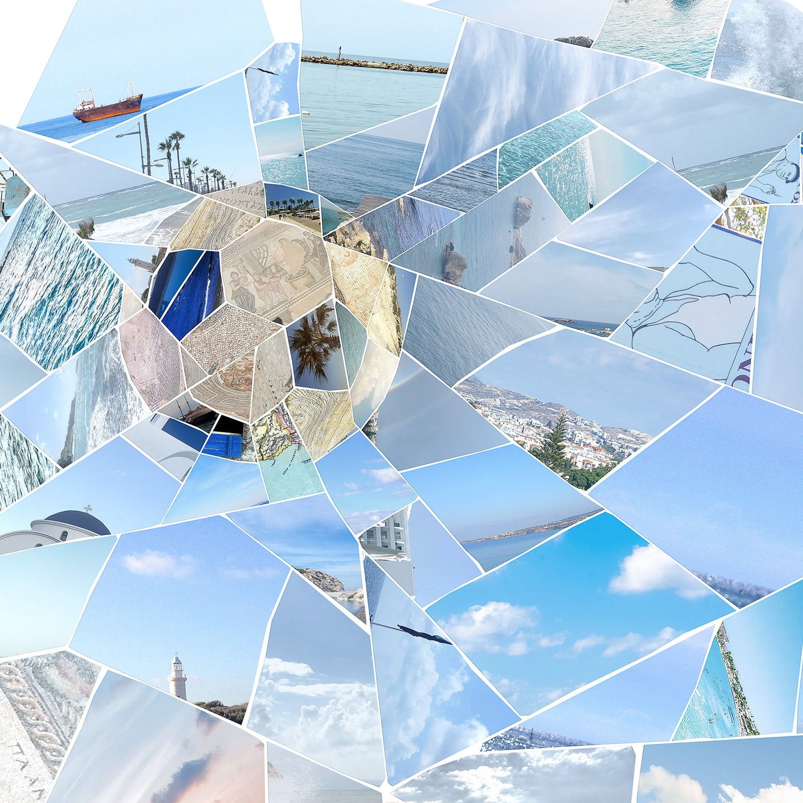 Photographic mosaic portrait made from Paphos landmarks and Mediterranean coastal images
