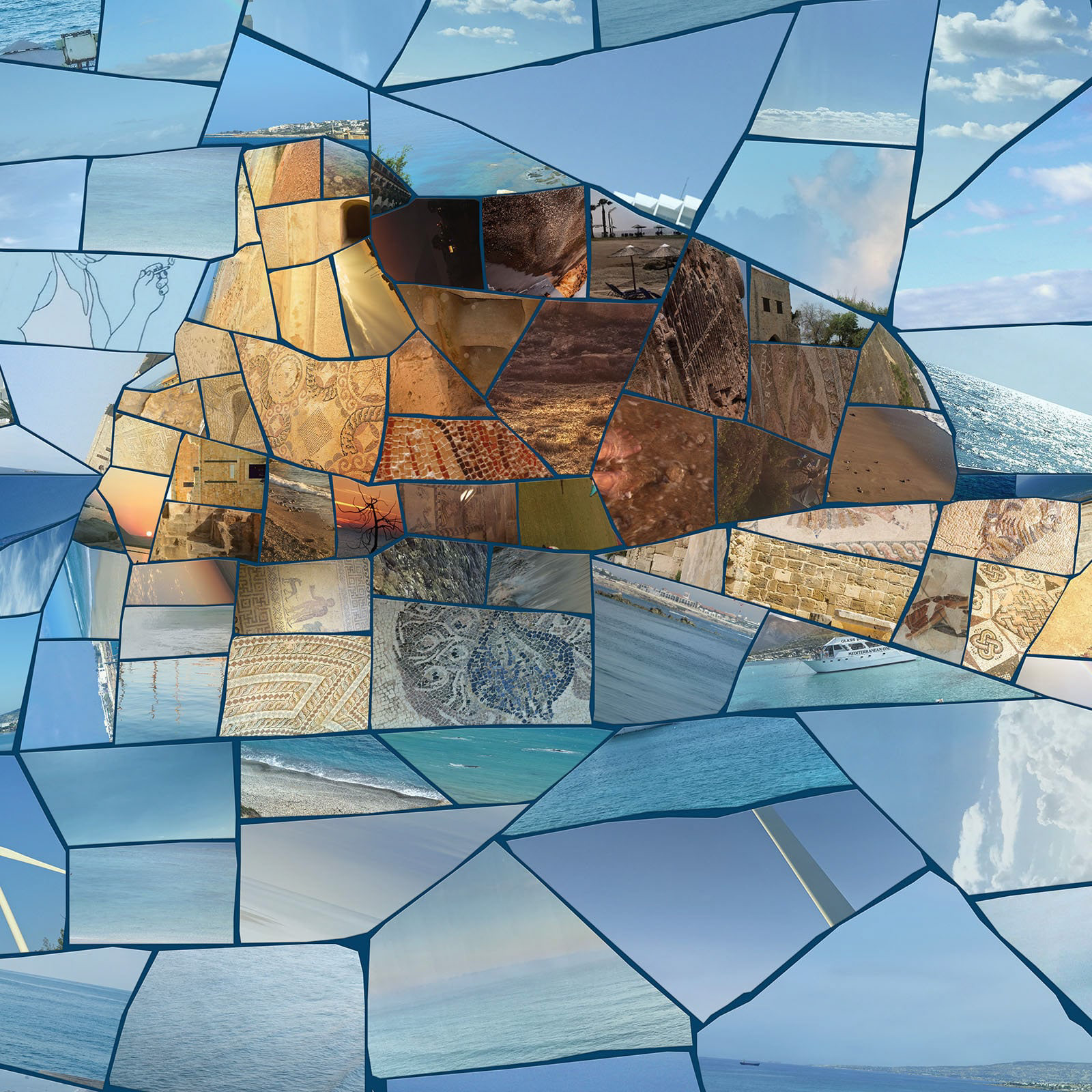 Profile portrait mosaic made from ancient Paphos archaeological sites and coastal scenes