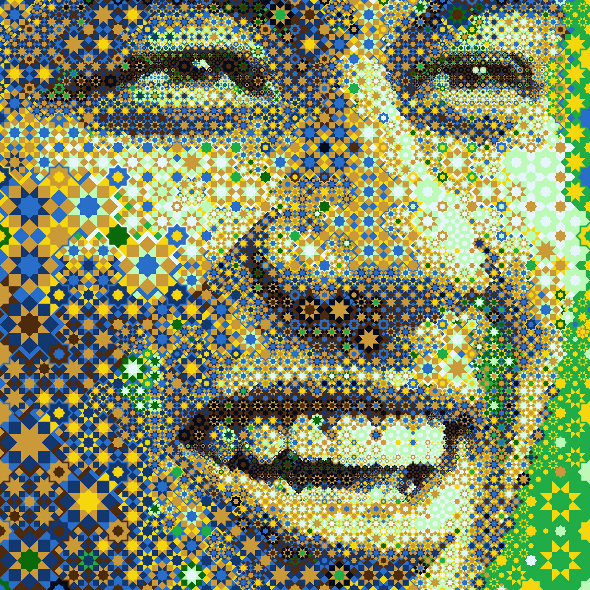 Footballer portraits are made of geometric Arabic patterns in a mosaic style for a global sports event
