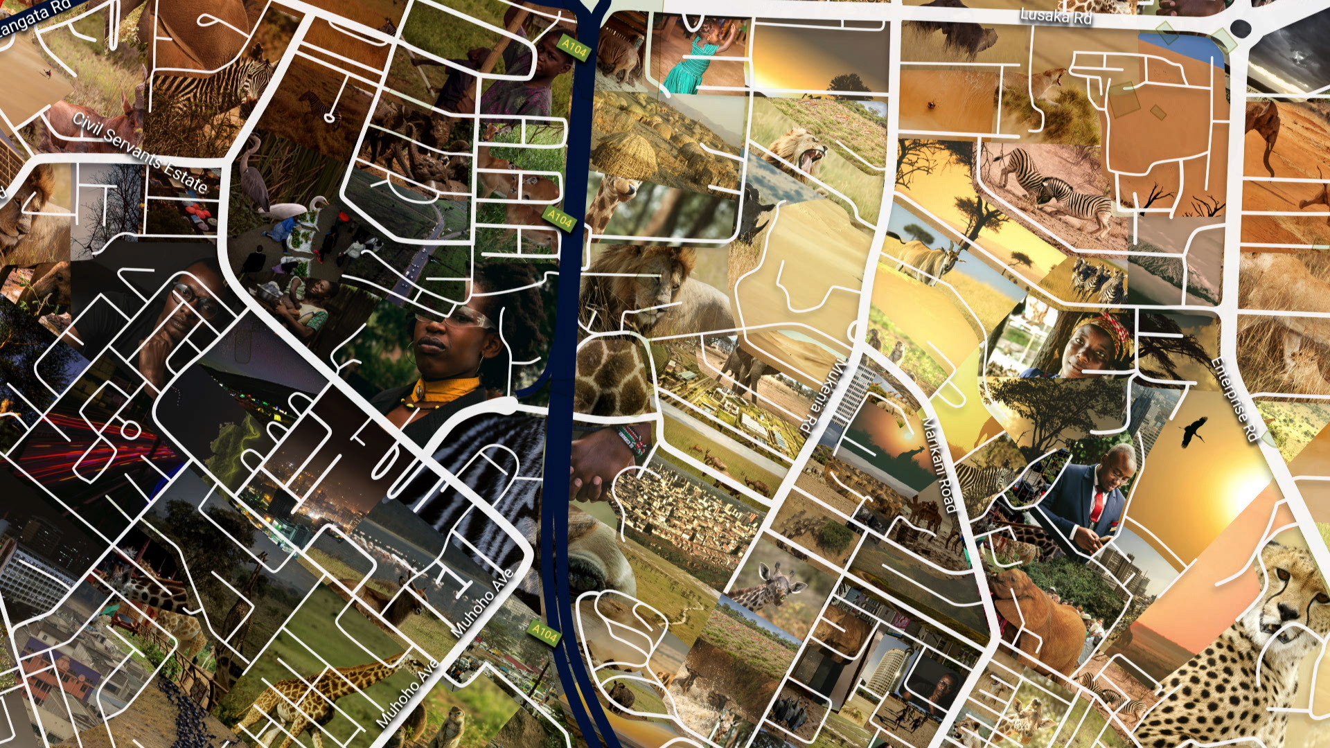 Nairobi multilayered map mosaic for CGTN promo video