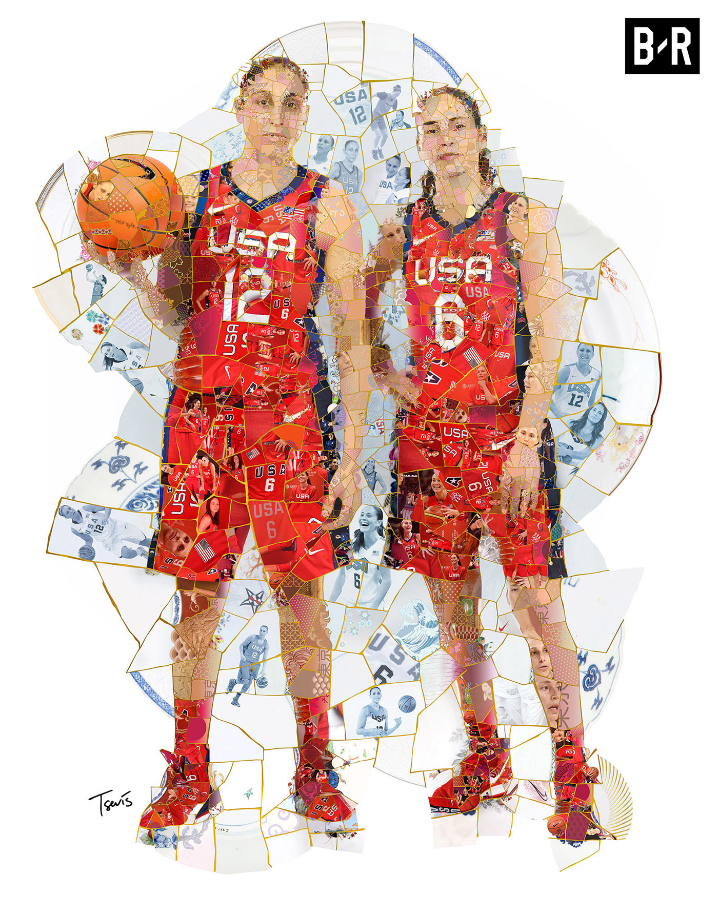 A digital mosaic artwork celebrating Diana Taurasi (#12) and Sue Bird (#6) for their historic achievement of winning five Olympic gold medals across five consecutive Olympiads. The mosaic is composed of images from their careers, highlighting their legacy in women's basketball.