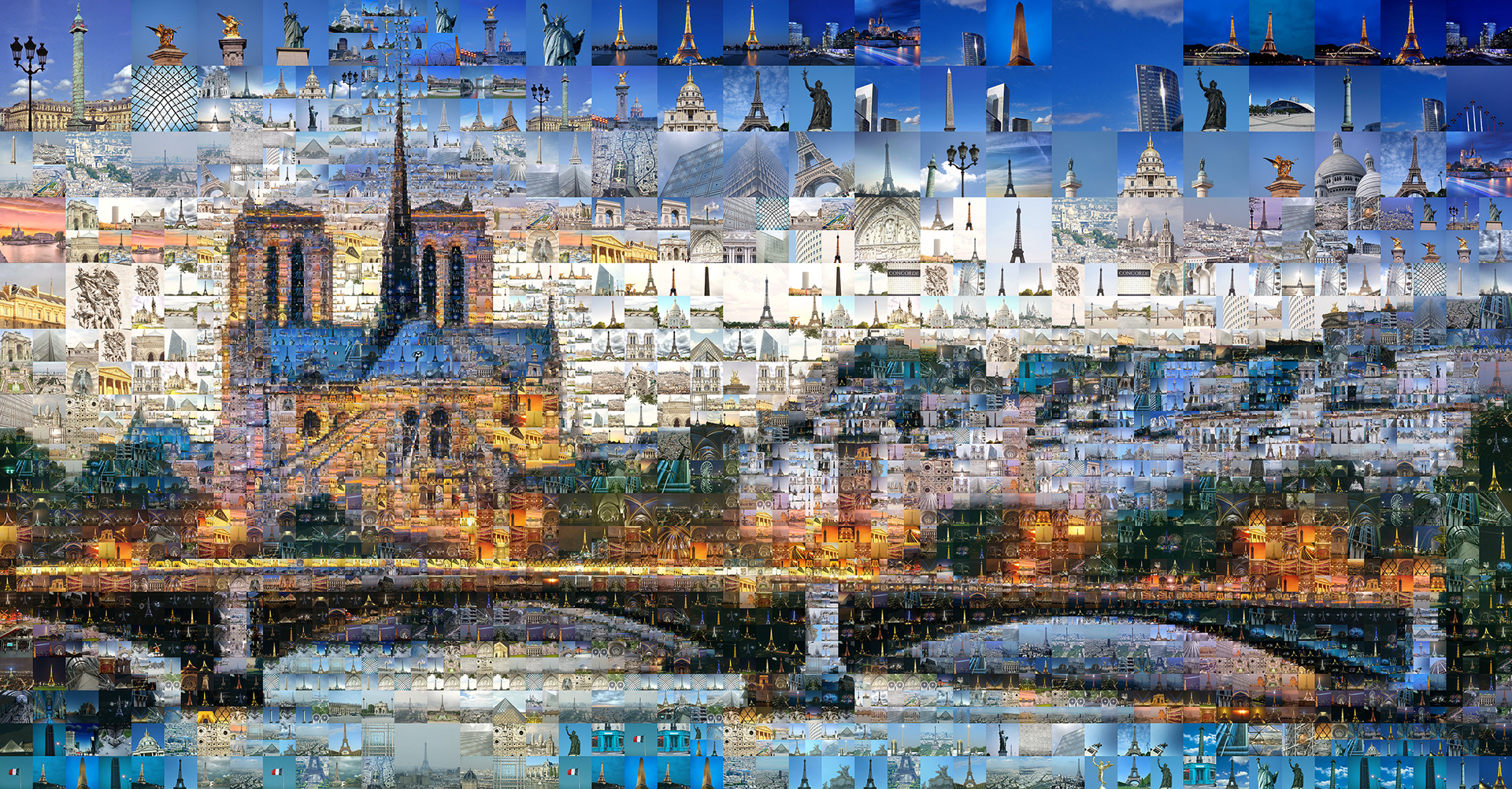 Notre Dame de Pari mosaic of Paris's city life in a dynamic, colorful digital style