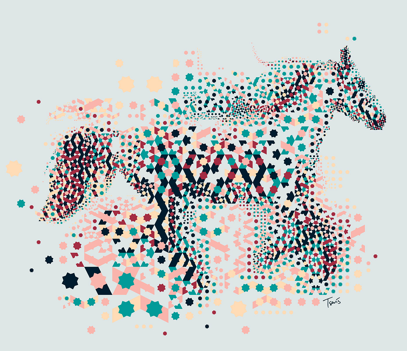 digital mosaic based on arabesque patterns showing a running horse
