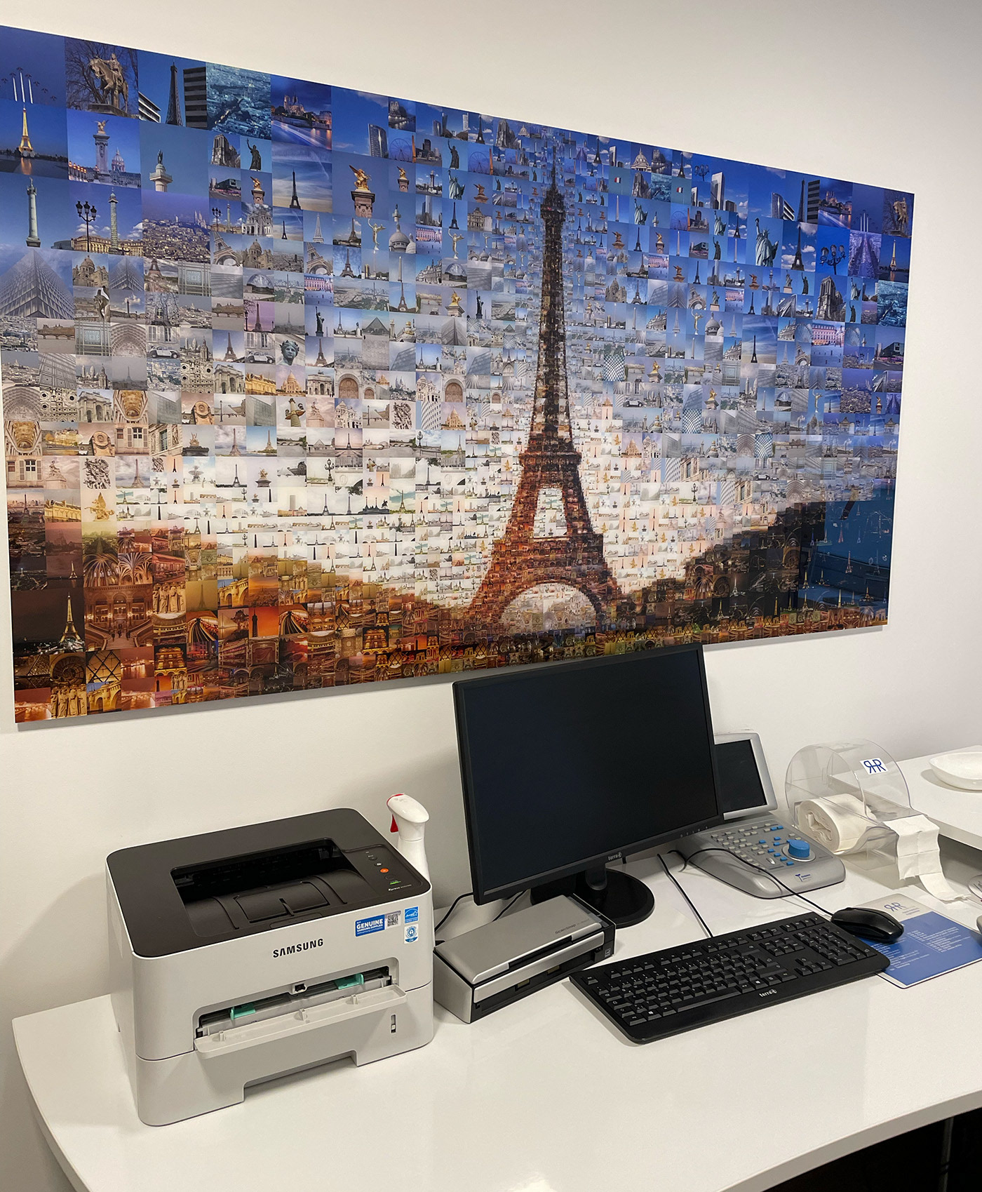 Photo collages of world cities in a clinic interior