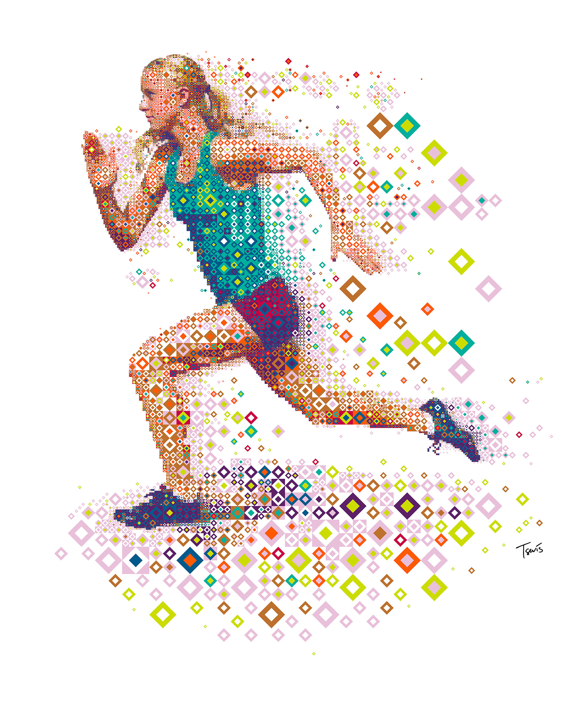 Large digital mosaic, running athlet, vector colors