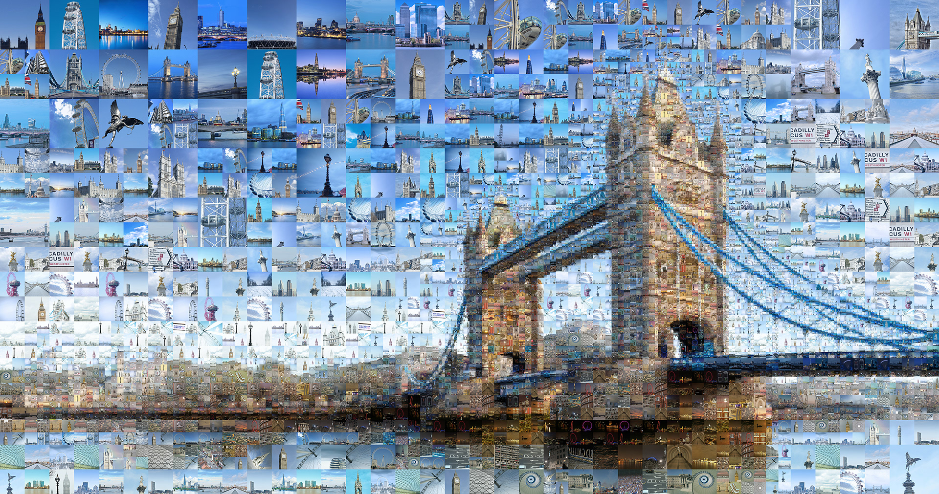 Tower Bridge in a digital mosaic of photos, a wall art gallery piece