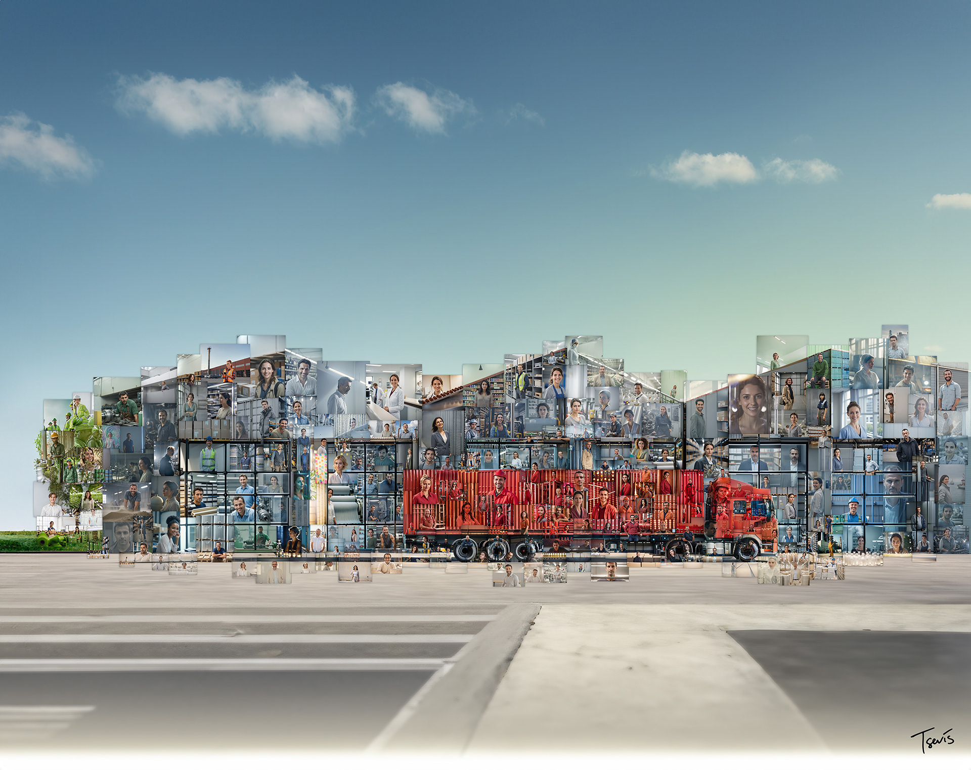 Industrial warehouse building constructed as a photomosaic of manufacturing workers with red delivery truck.