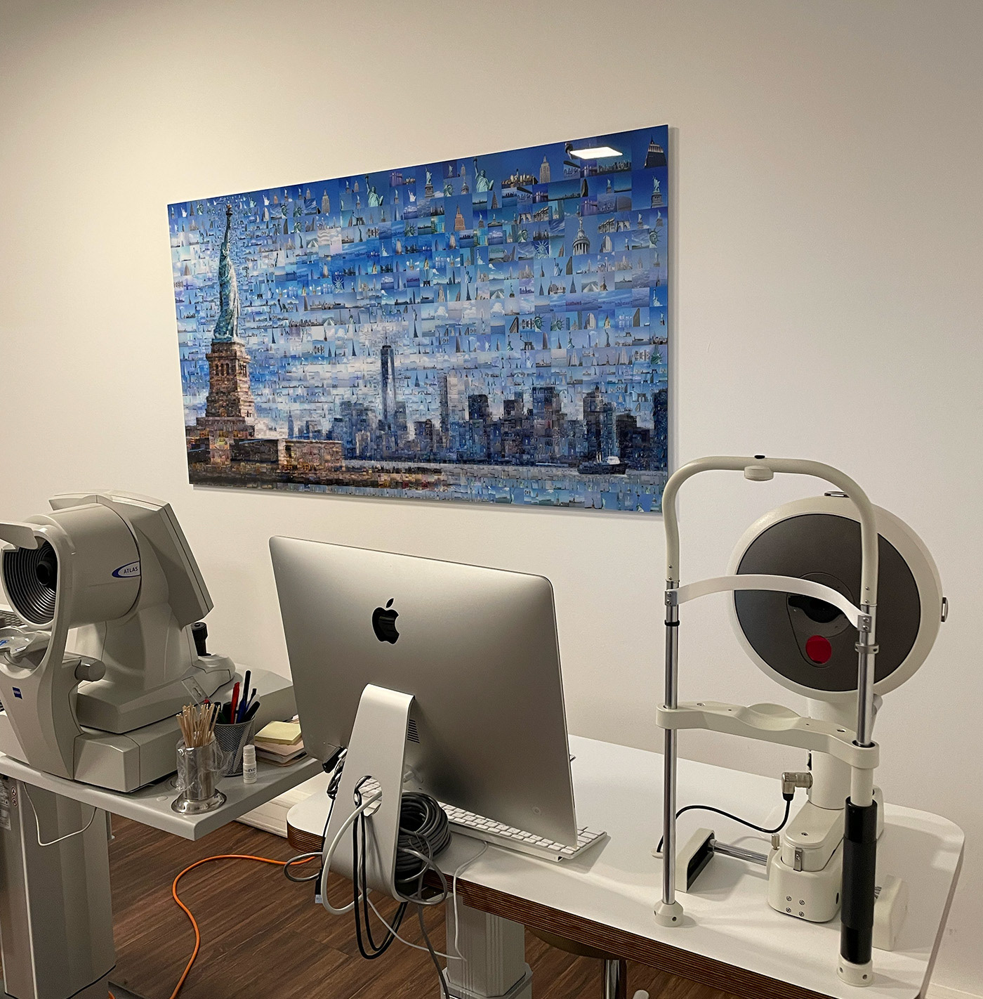 Photo collages of world cities in a clinic interior