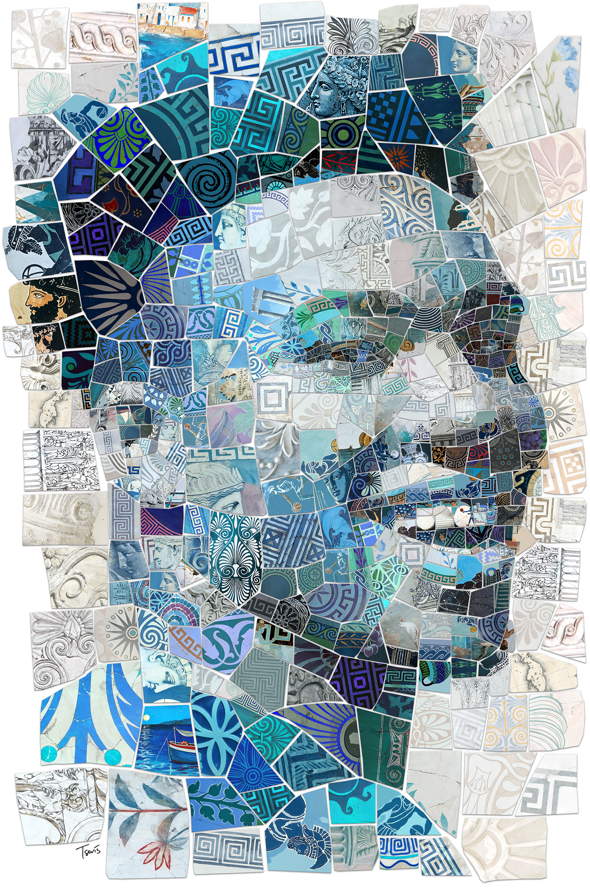 A digital mosaic artwork of basketball player Giannis Antetokounmpo, composed of Greek culture fragments, commemorating his performance at the 2024 Paris Olympics