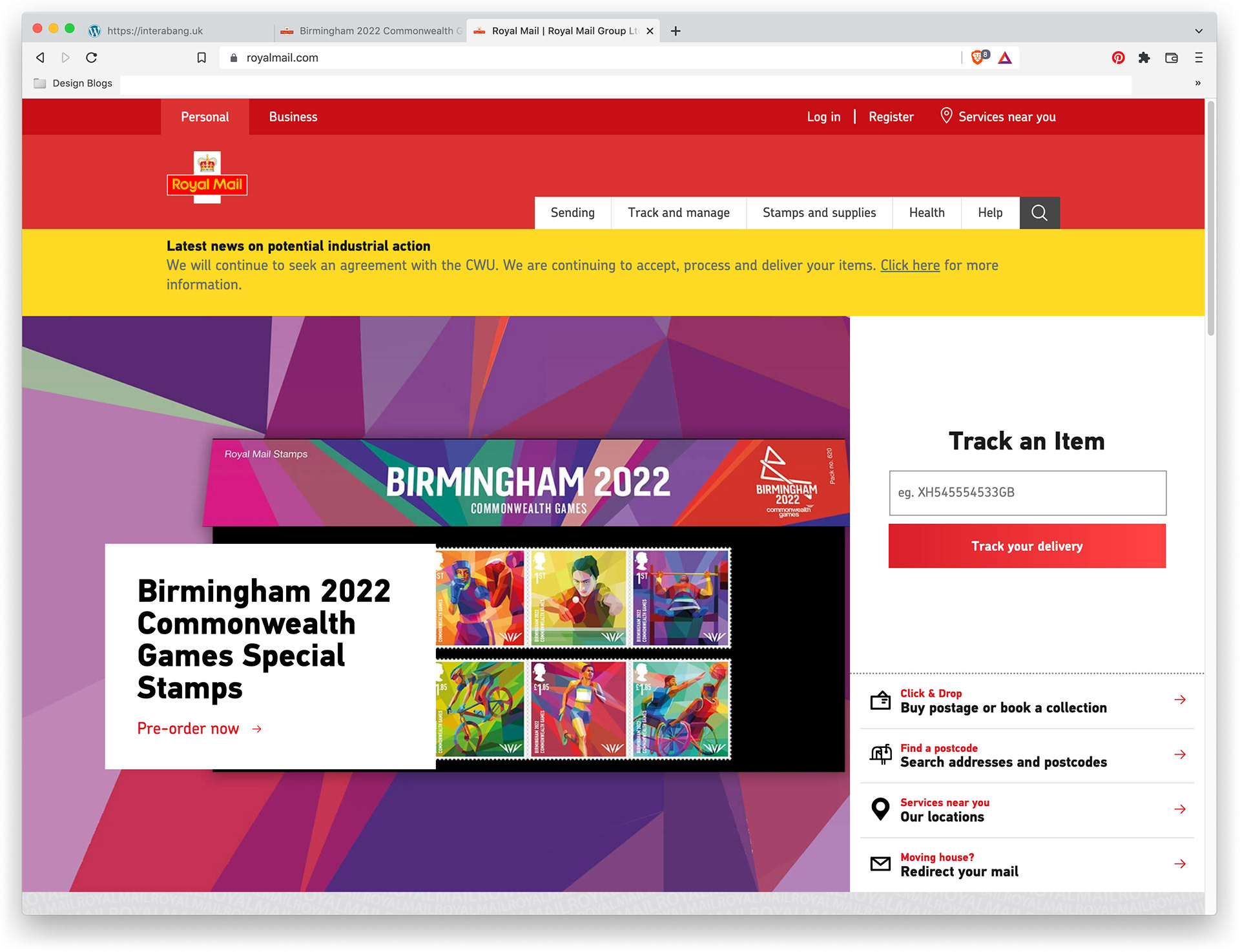 Royal Mail's website with the Birmingham 2022 Commonwealth Games unique stamps