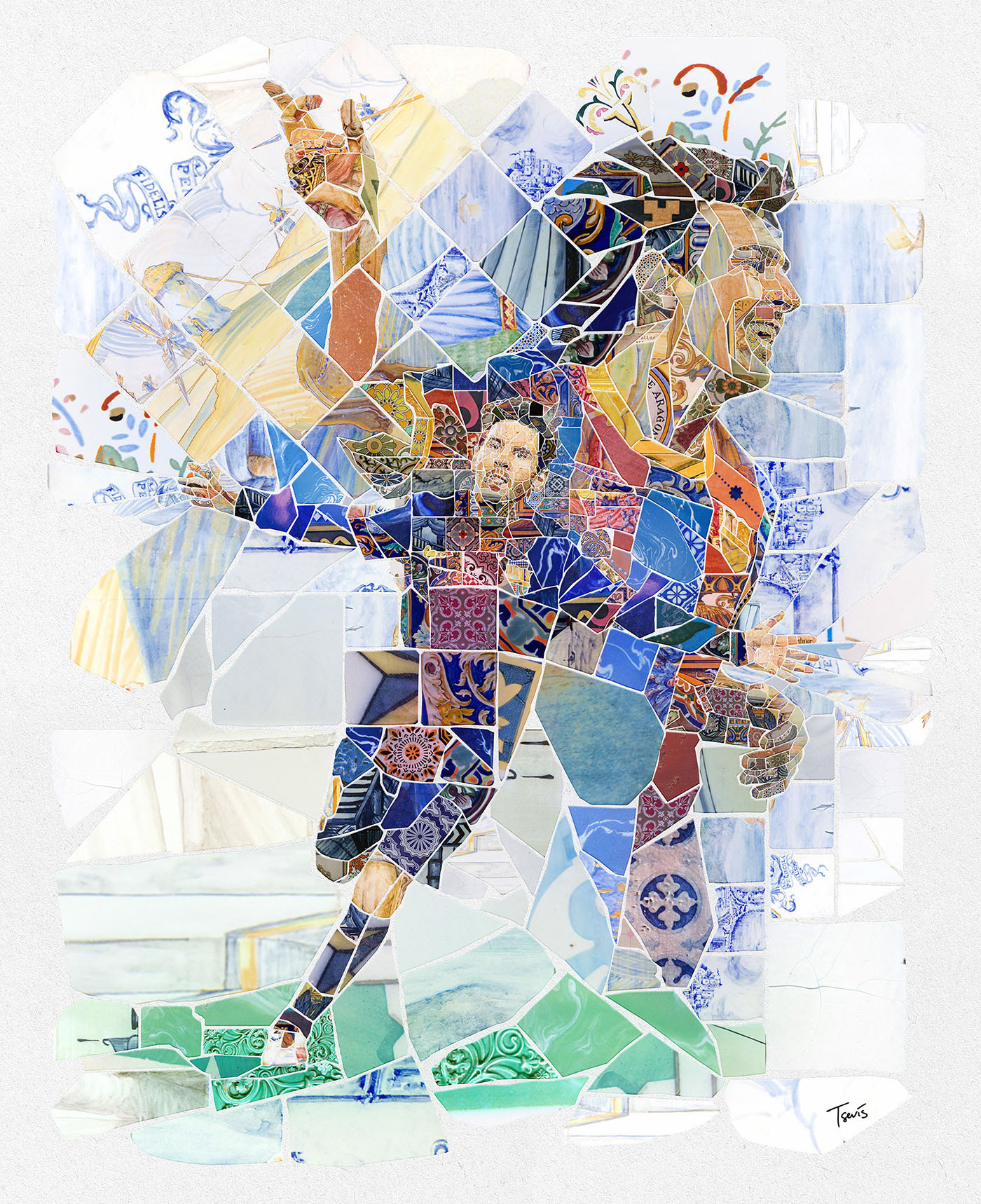 The image is a stunning digital mosaic portrait of Lionel Messi, crafted in the style of Antoni Gaudí’s Trencadís technique. The artwork features a patchwork of geometric shapes and patterns, each tile composed of intricate designs that reflect elements of Catalan culture, architecture, and art. The mosaic captures Messi in mid-action, dribbling a soccer ball with precision and focus. The use of vibrant colors—blues, greens, yellows, and reds—mirrors the dynamic energy of Barcelona itself, while the detailed tiles incorporate motifs from traditional ceramics, azulejos, and other cultural symbols. This piece celebrates both Messi’s legacy as a football icon and his deep connection to the city of Barcelona, blending sports art with cultural storytelling.