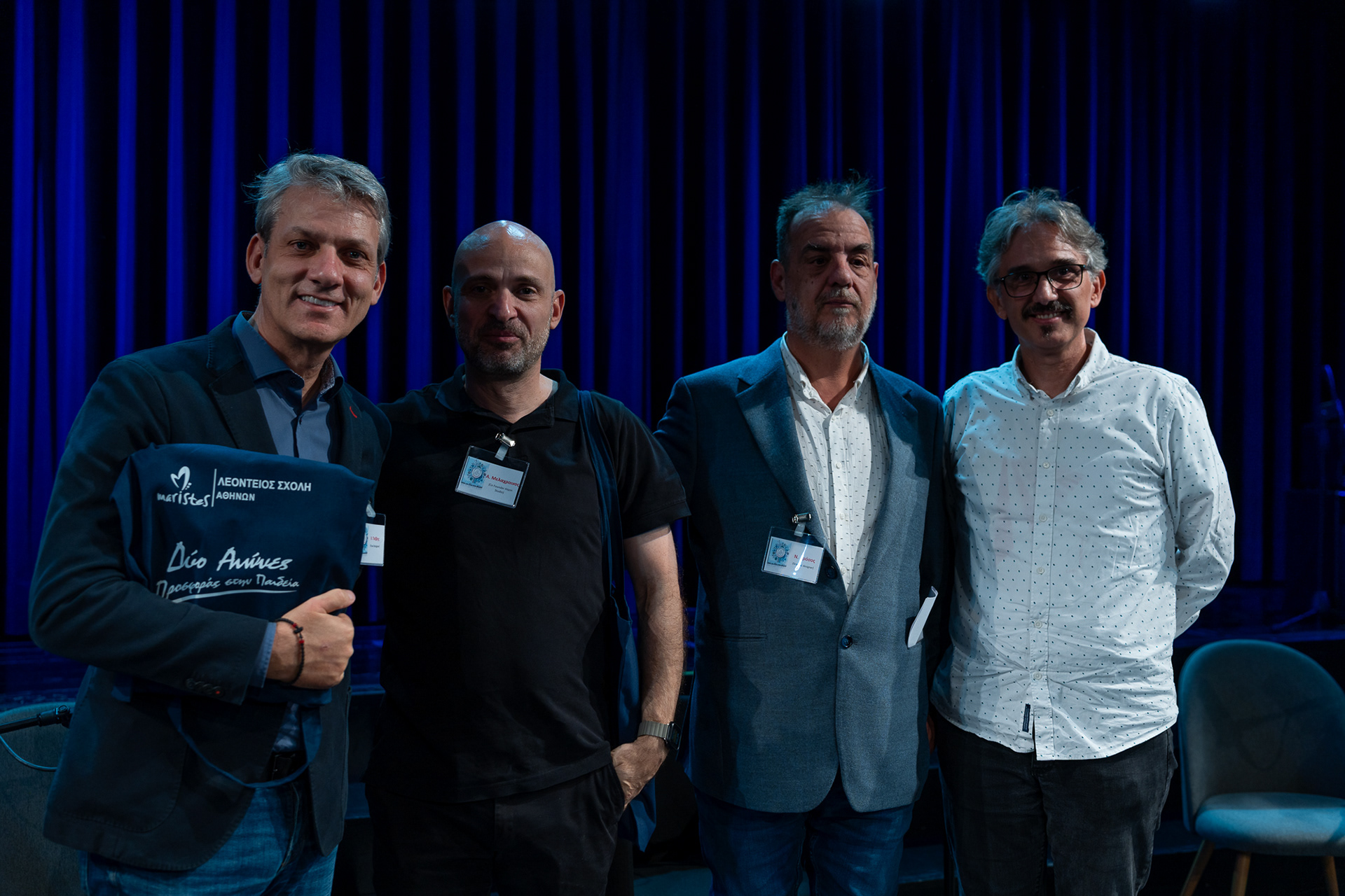 speakers about design, Charis Tsevis, Antonis Melachrinos, N. Drosos, and Theodore Tsecouras in Leonteio Athens