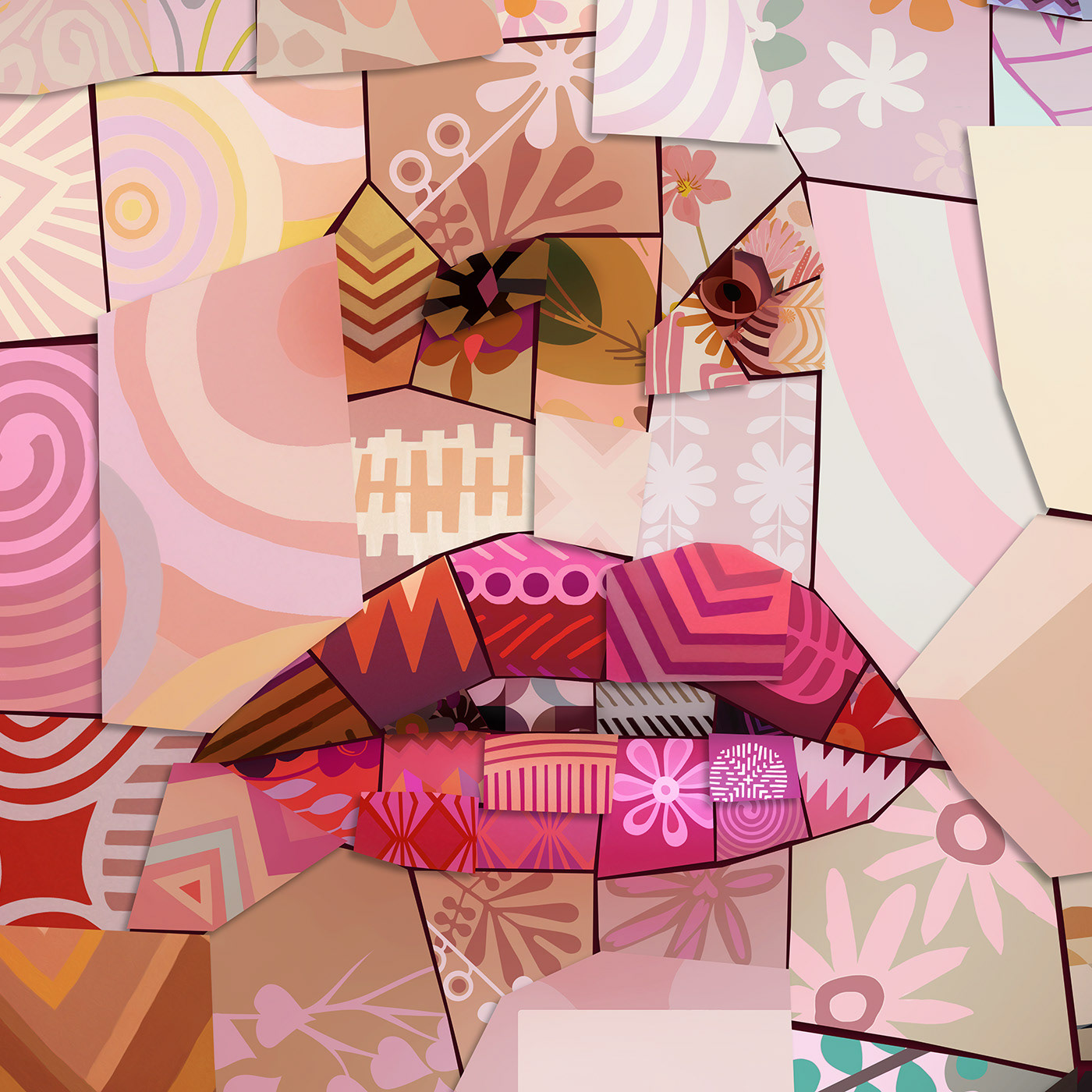 Colorful mosaic art, lips detail from extra large digital art