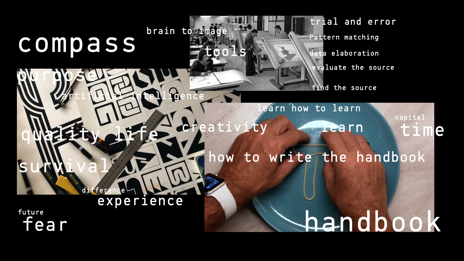 A black-background collage composed of three distinct images, each overlaid with thematic white text. Top-Right Image: A black-and-white photograph shows several people working at large drafting tables in what appears to be a design studio or classroom. The text "brain to image" and "tools" is overlaid on this image. To its right, a list of phrases reads: "trial and error," "Pattern matching," "data elaboration," "evaluate the source," and "find the source." Bottom-Left Image: A close-up shot displays a sheet of paper with intricate black-and-white geometric patterns, alongside drawing tools like pens, a ruler, and a yellow eraser. Overlaid text includes "purpose," "artificial intelligence," "quality life," "survival," "difference," "experience," "future," and "fear." Bottom-Right Image: A close-up shows a pair of hands manipulating a thin, gold-colored wire into a shape on a blue ceramic plate. The person is wearing a white smartwatch. The text "learn how to learn," "creativity," "learn," "how to write the handbook," "capital," "time," and "handbook" is overlaid on this image.