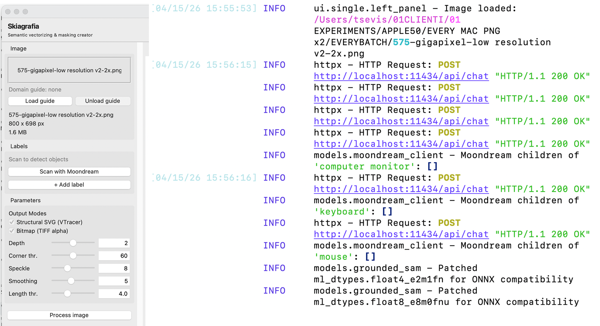 Split screenshot. Left side: Skiagrafia application window in single image mode. The sidebar shows a loaded image named "575-gigapixel-low resolution v2-2x.png" at 800×698 pixels, 1.6 MB. Domain guide is set to none. The Labels section has a "Scan with Moondream" button and an "+ Add label" button. Under Parameters, Output Modes shows two checked options: Structural SVG (VTracer) and Bitmap (TIFF alpha). Five sliders are visible with their values: Depth 2, Corner thr. 60, Speckle 8, Smoothing 5, Length thr. 4.0. A "Process image" button appears at the bottom. Right side: terminal log output in dark background with colored text. Timestamps show 04/15/26 15:55:53 and 15:56:15–16. Log entries show an image loaded from the path /Users/tsevis/01CLIENTI/01 EXPERIMENTS/APPLE50/EVERY MAC PNG x2/EVERYBATCH/. Multiple INFO lines show HTTP POST requests to http://localhost:11434/api/chat returning HTTP/1.1 200 OK. Three moondream_client log lines report Moondream querying children of "computer monitor", "keyboard", and "mouse", each returning an empty list. Two final lines show grounded_sam patching ml_dtypes float formats for ONNX compatibility.