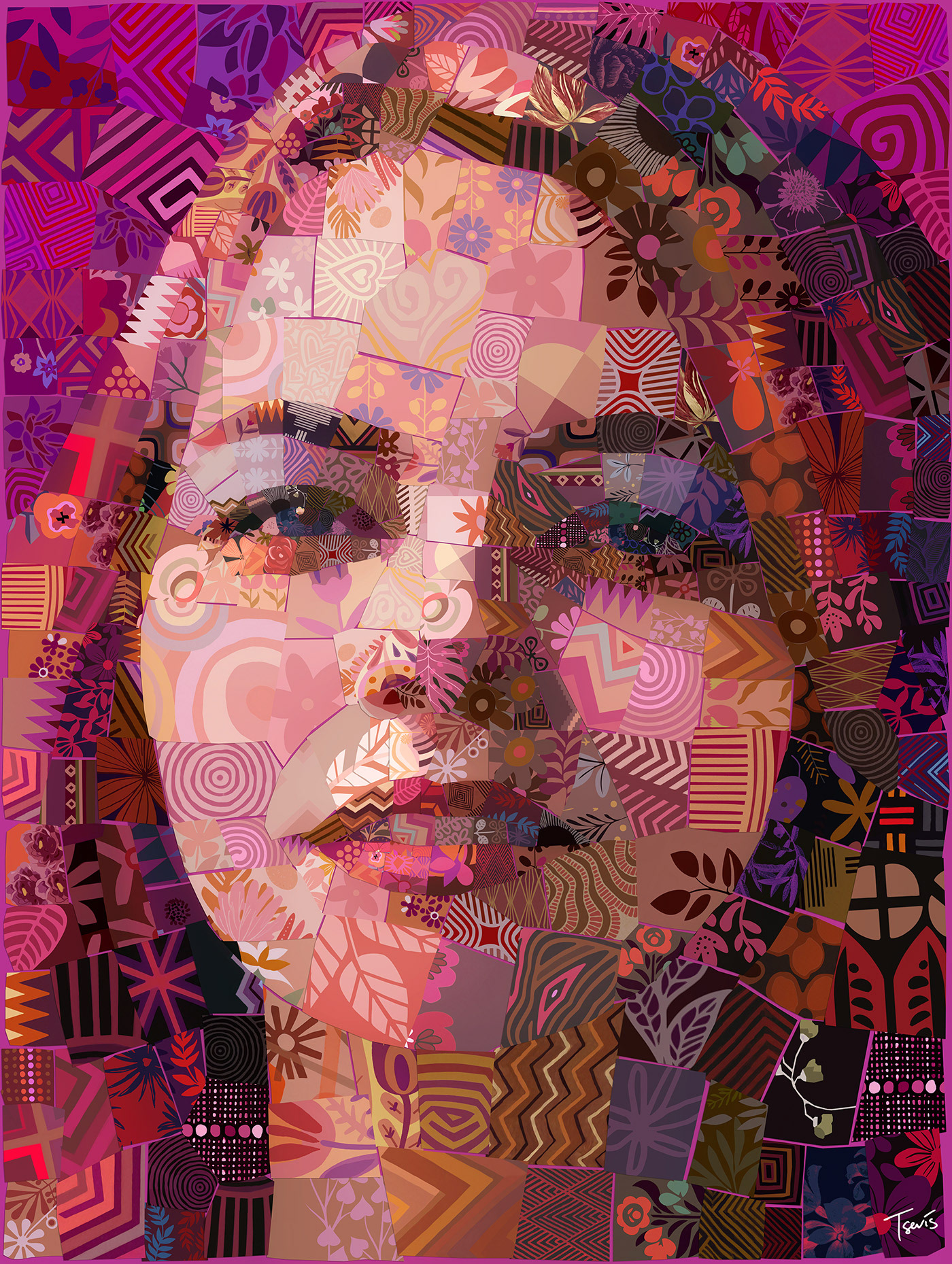 Fashion and summer-inspired digital mosaic portrait, mosaic artwork commission