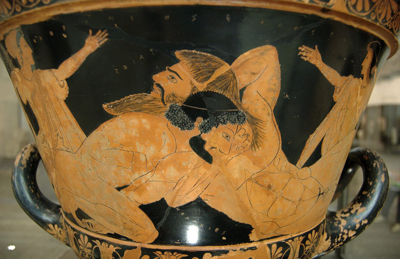 Heracles lifting Antaeus off the ground, red-figured krater by Euphronios (515–510 BC, Louvre G 103)