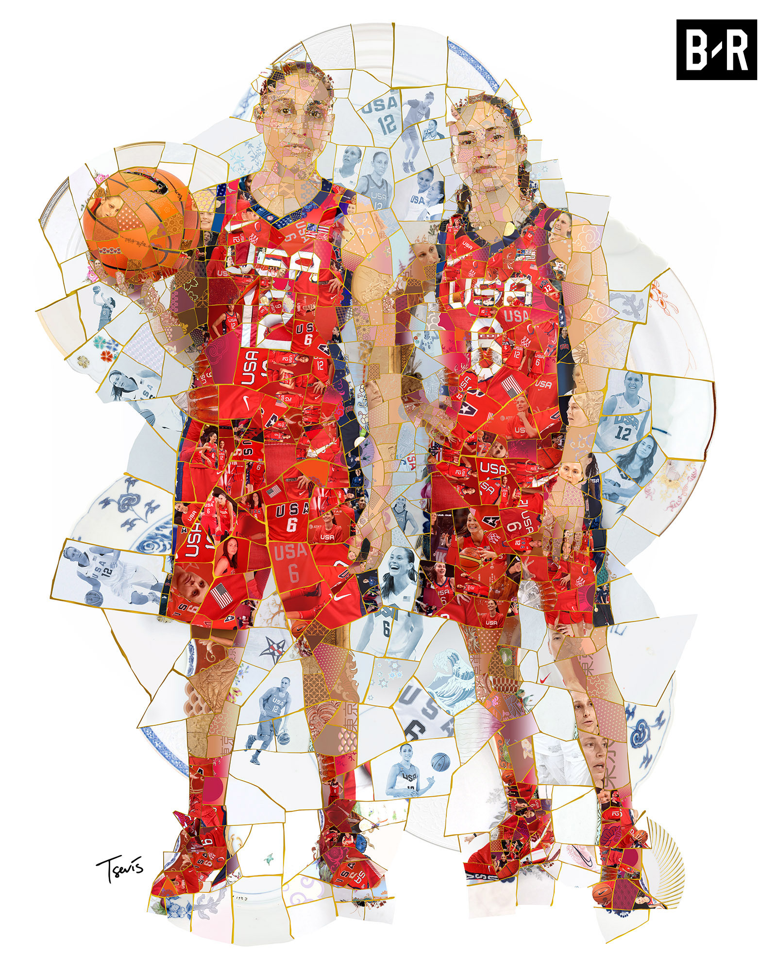 Basketball athletes mosaic illustration for Olympic Games