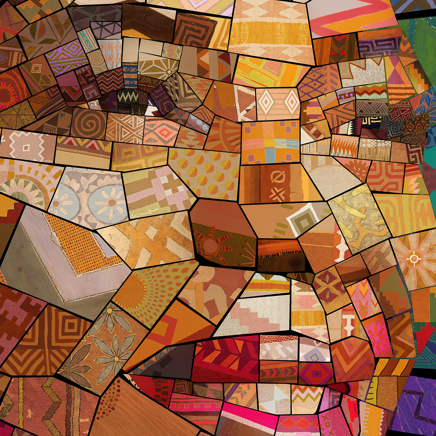 Close-up of Professor Thuli Madonsela's face in vibrant textile mosaic - former South African Public Protector portrait detail.