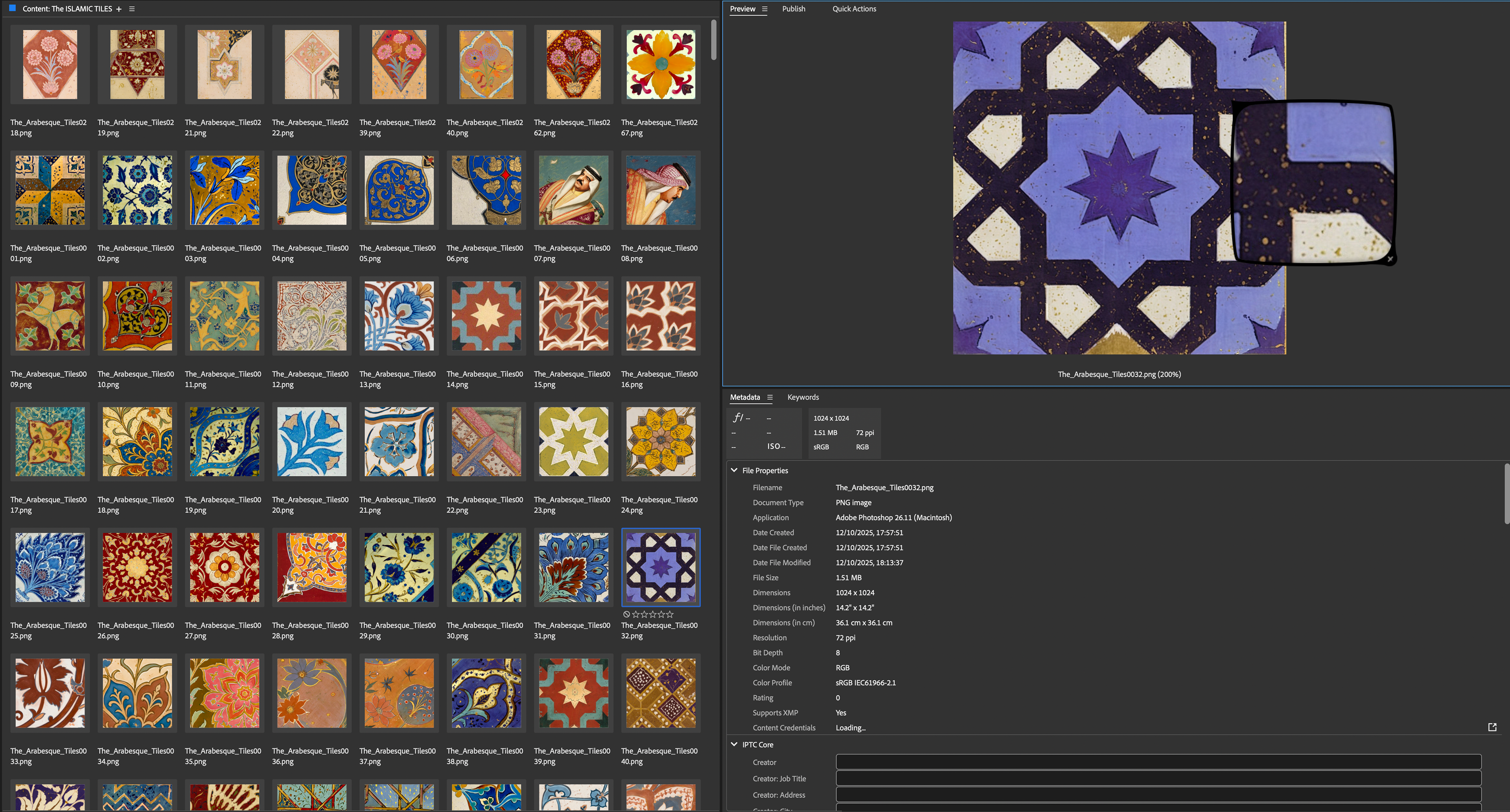 Adobe Bridge organizing hundreds of AI-generated Islamic tile patterns for royal mosaic commission.