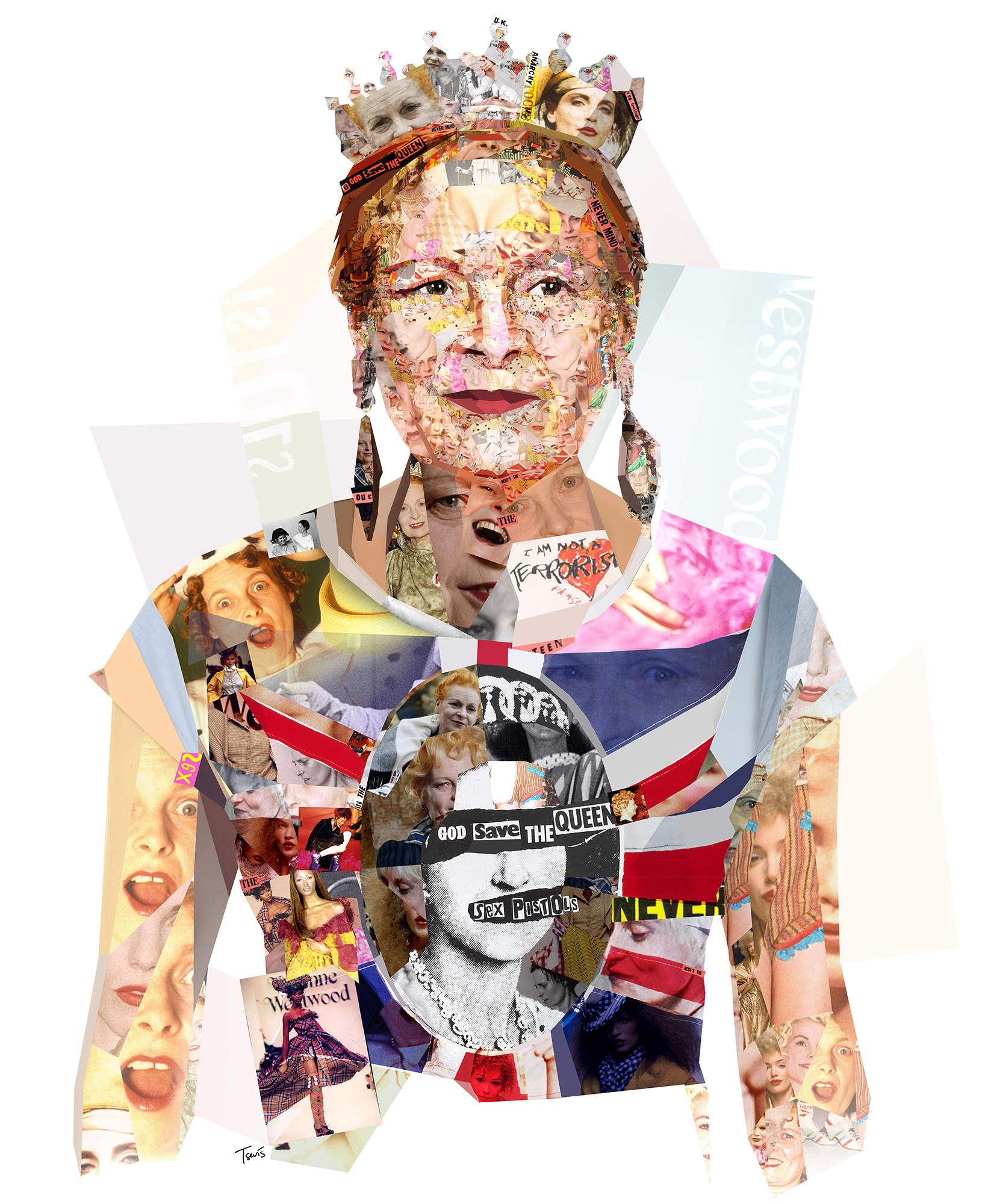 Collage portrait of fashion designer Vivienne Westwood, digital mosaic