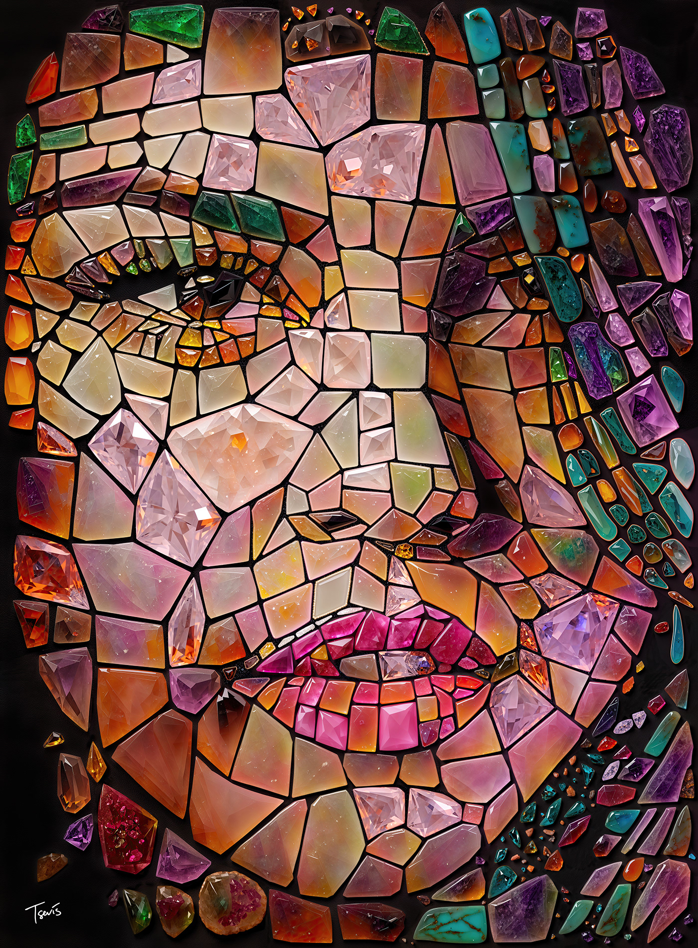 Selena Gomez in fine gems, celebrity portrait in digital mosaic art