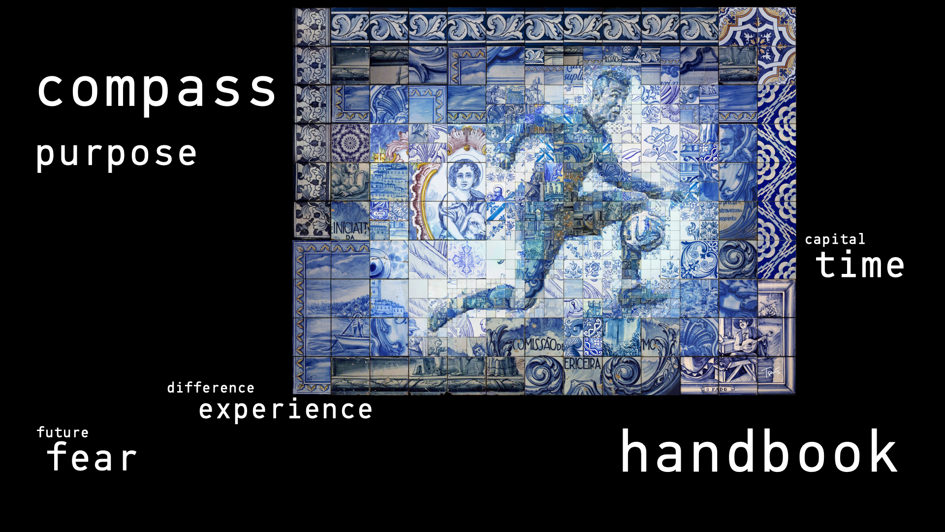 Digital mosaic illustration depicting Cristiano Ronaldo running with a a ball made out of Portuguese Azulejos. Surrounded by the words "Compass', purpose, experience, time, fear, handbook".