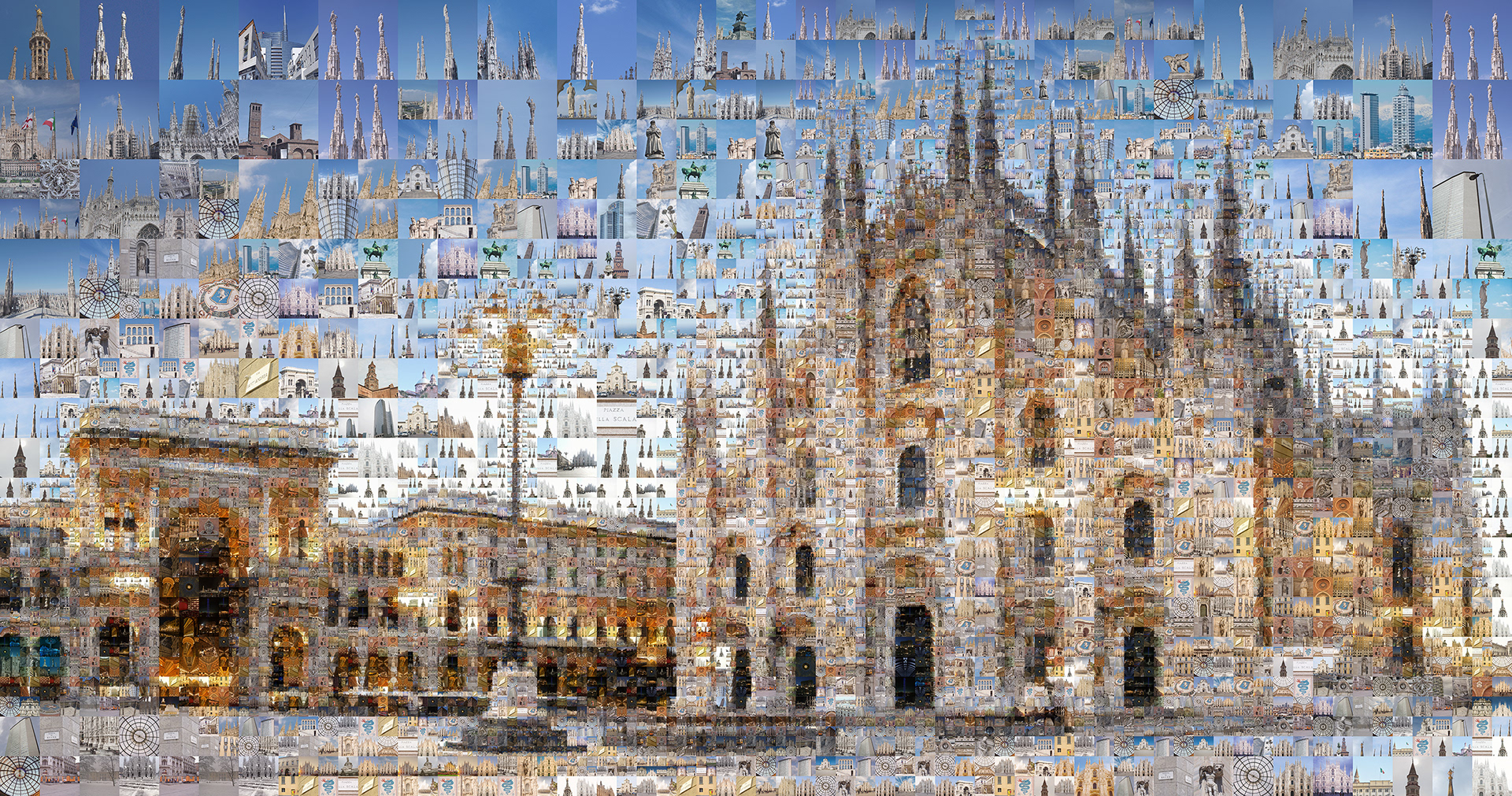 Duomo in a digital photomosaic style made of photos from Milan