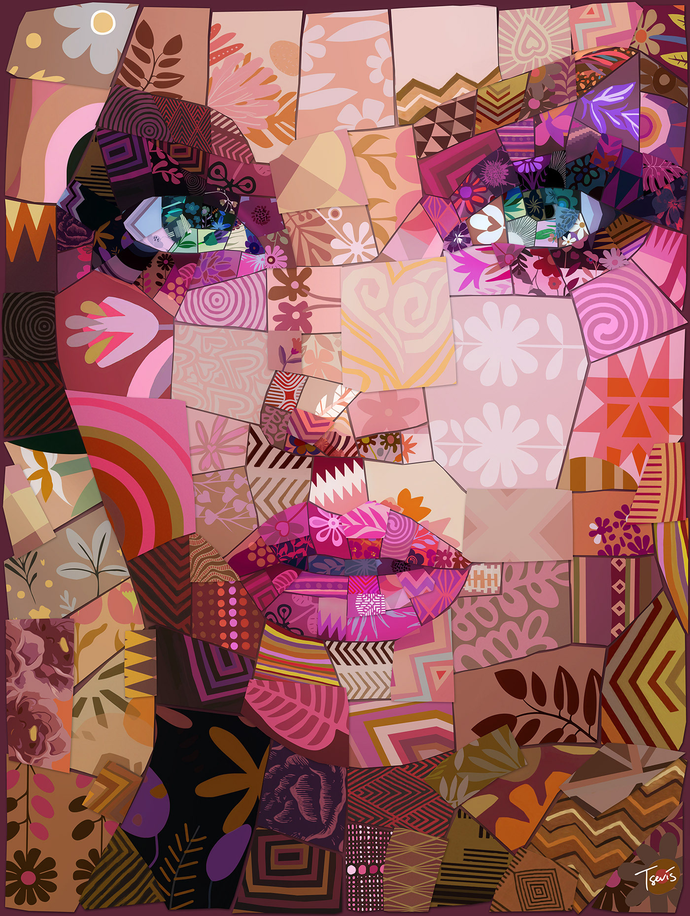 A portrait of a pink Barbie lady digital mosaic in vibrant colors
